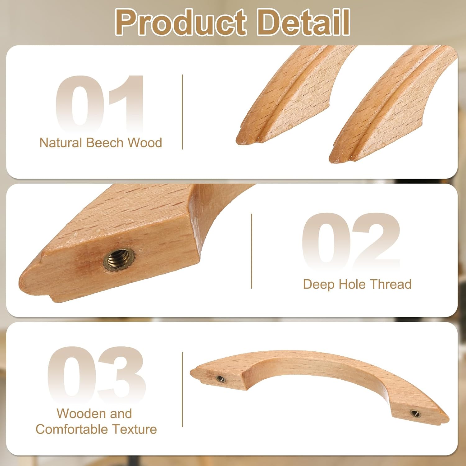 uxcell 6Pcs Wood Drawer Pulls Handles, 96mm/3.8" Hole Spacing Bridge Shaped Beech Wooden Cabinets Drawer Knobs Pull Handles for Kitchen Cabinets Furniture (Wooden, 128mm Length)