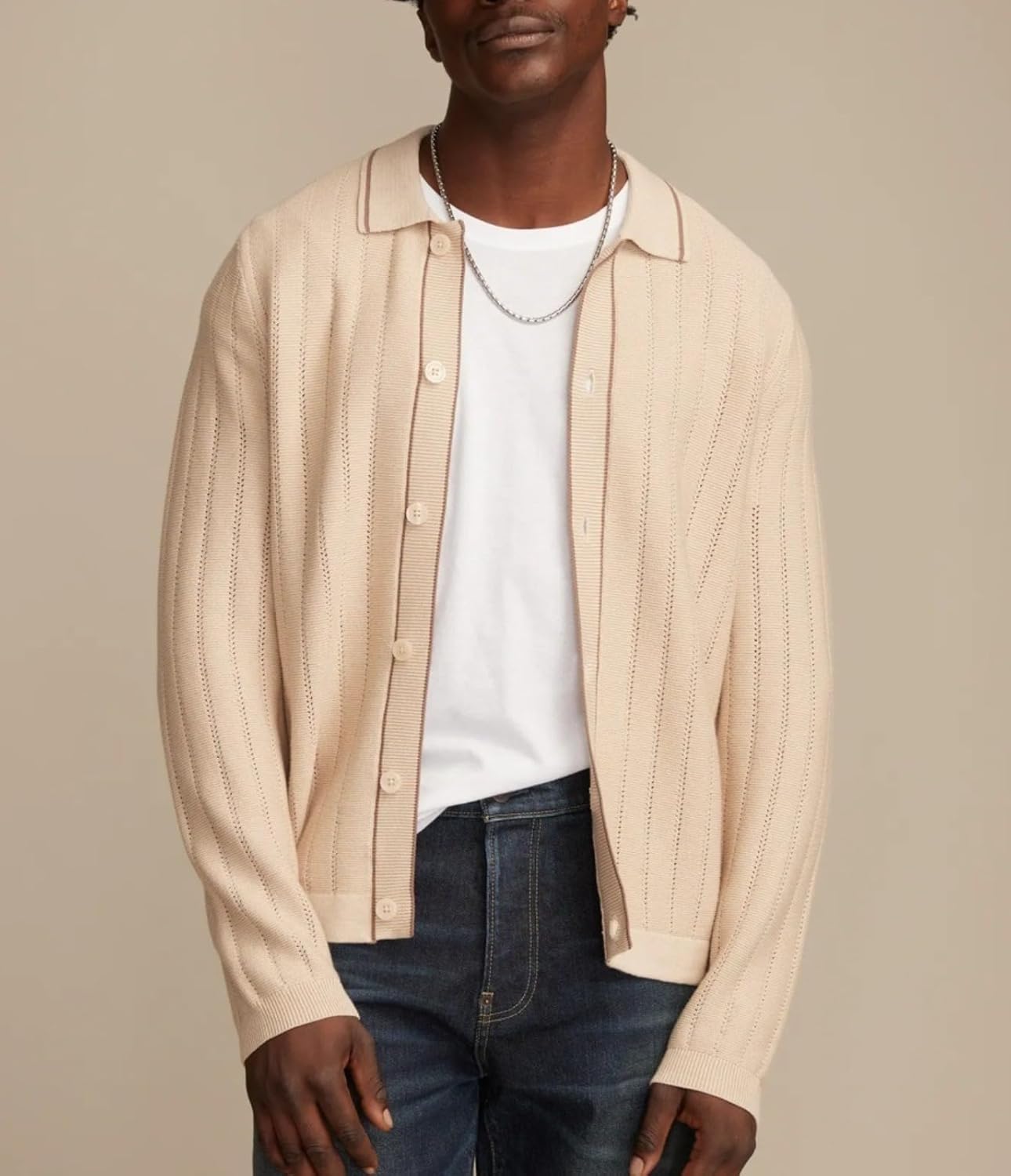 Men's V-Neck Striped Cardigan, Casual Long Sleeve Knit Sweater for Spring Fall