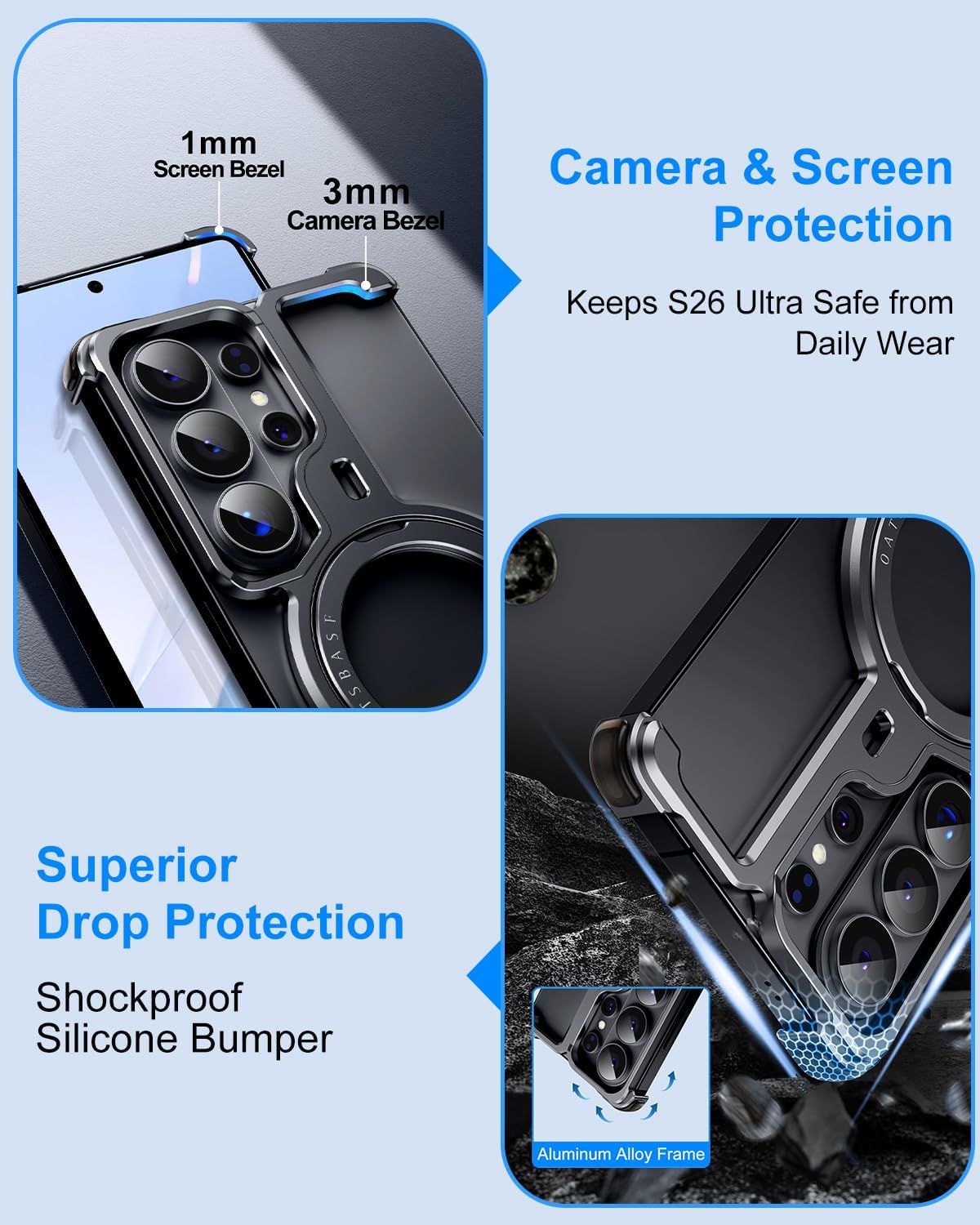 for Samsung Galaxy S26 Ultra Case with Magnetic Stand, Rotatable Kickstand for Aluminum Metal S26 Ultra Case with S Pen Cutout, Frameless Slim Phone Cover for Galaxy S26Ultra, Black