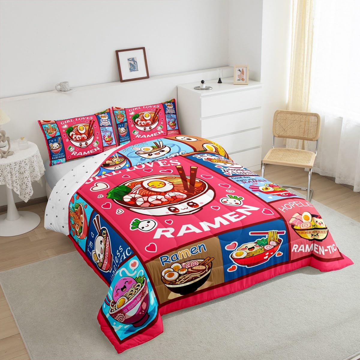 Loussiesd Ramen Bettdecke 135x200cm Kinder Jungen Mädchen Ramen Suppe Steppbett Ultra weiches Geschenk für Mädchen liebt Nudeln 4-Jahreszeiten Bettdecke Mädchen liebt Ramen Steppdecke Zimmer Dekor