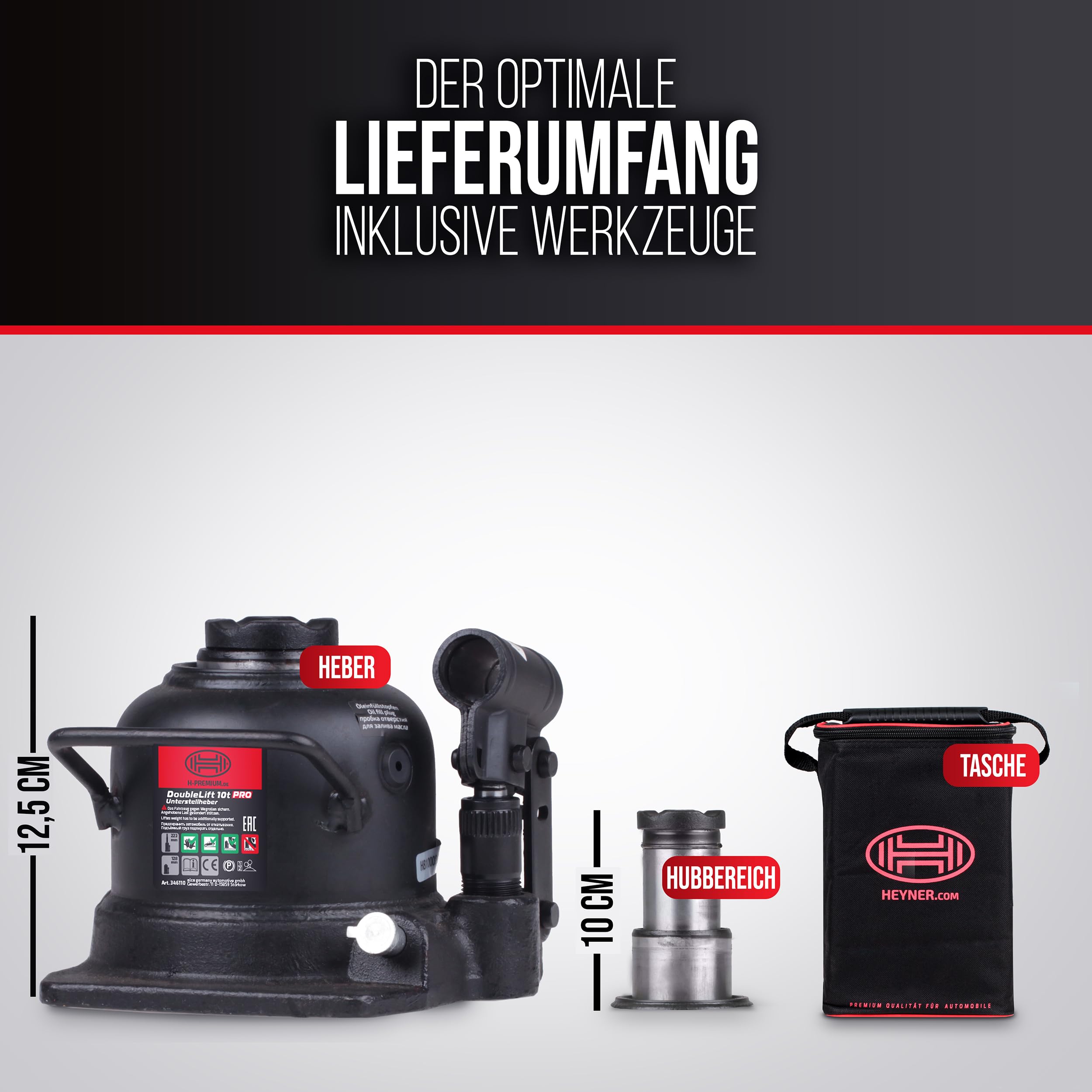 HEYNER® Wagenheber Doppelhub-Unterstellheber Flaschenwagenheber hydraulischer Stempelwagenheber 10t extra flach für SUV/PKW
