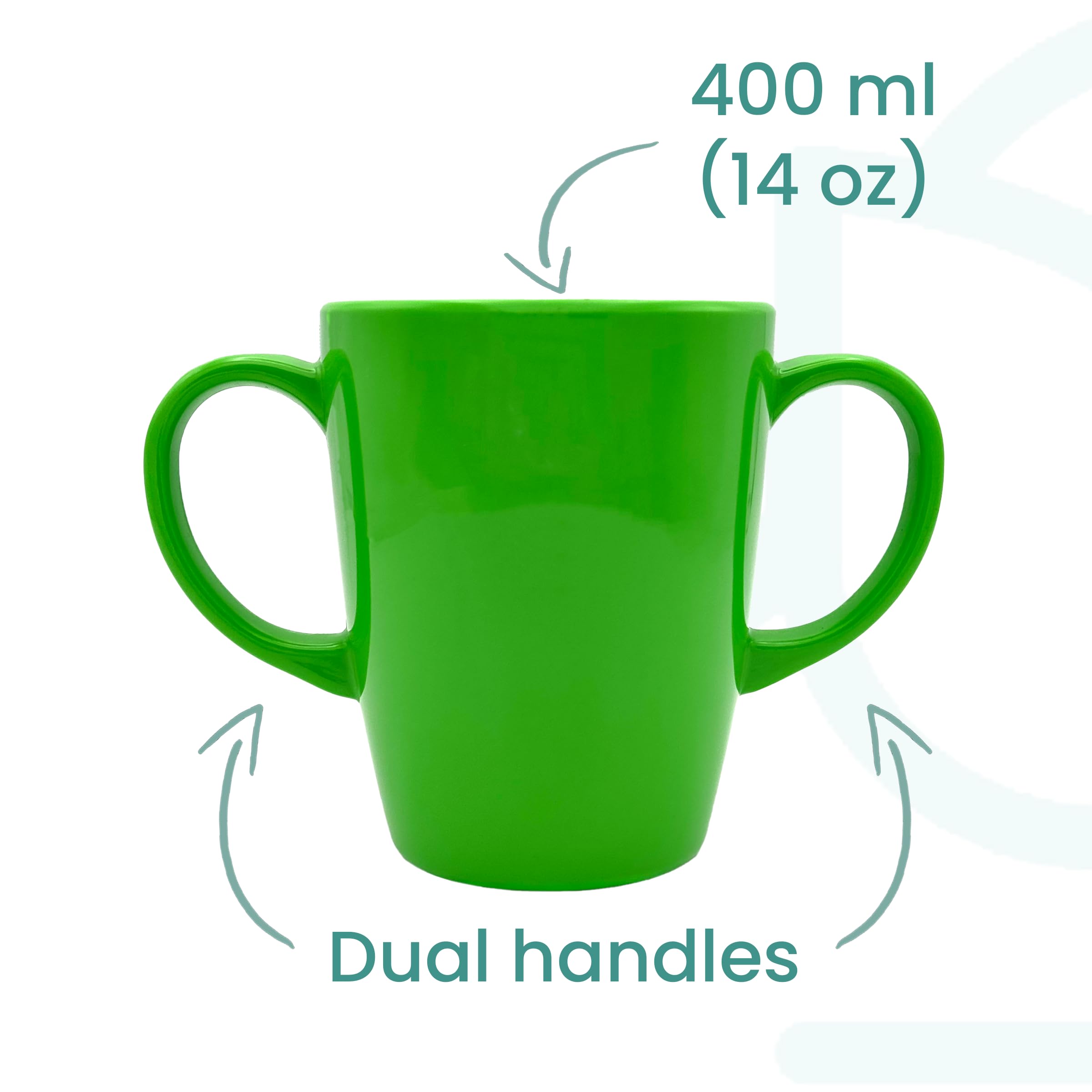 Taza de melamina con dos asas, ligera de 126 g, capacidad de 400 ml, ayuda de movilidad para la vida diaria para ancianos, demencia, temblores, artritis y agarre débil (verde)