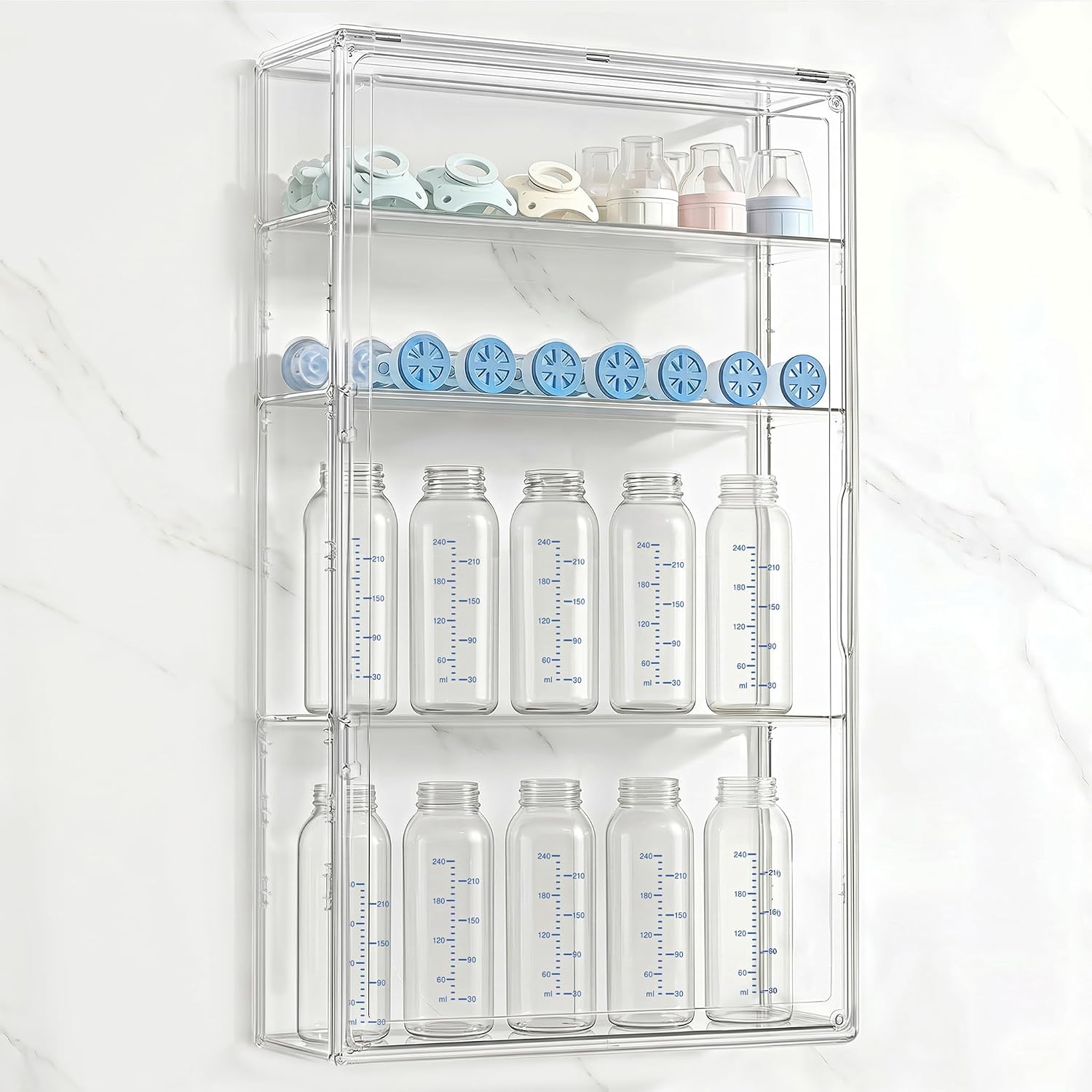 HBlife Baby Bottle Storage Organizer Wall Mount, 4 Tiers Adjustable Clear Acrylic Bottles Storage Station Case Box Container with 3 Removable Dividers and Magnetic Door for Countertop Cabinet, Large