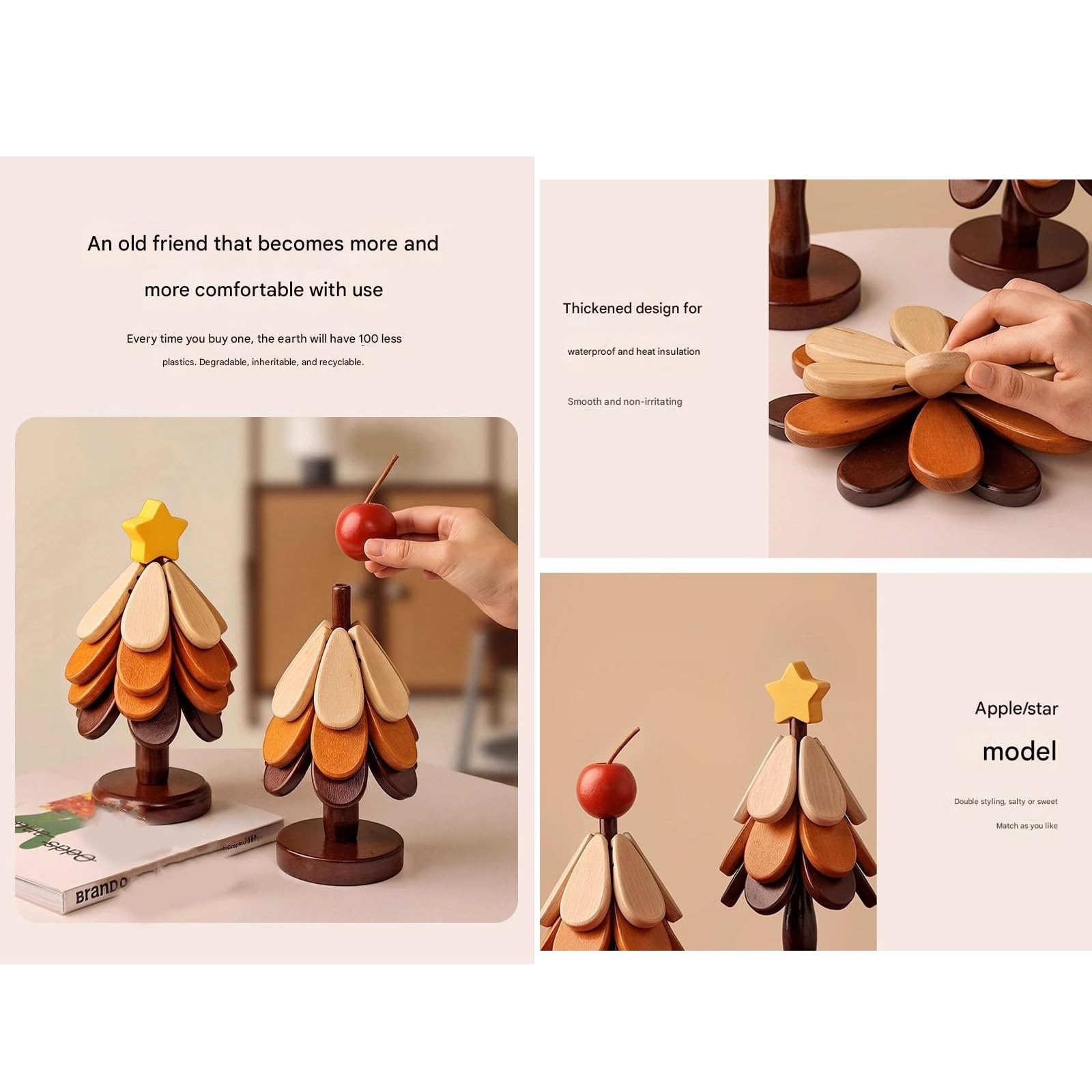 Juego de manteles individuales de Navidad, salvamanteles de madera, posavasos, salvamanteles de madera para platos calientes, soporte para sartén caliente, juego de salvamanteles para árbol de Navidad