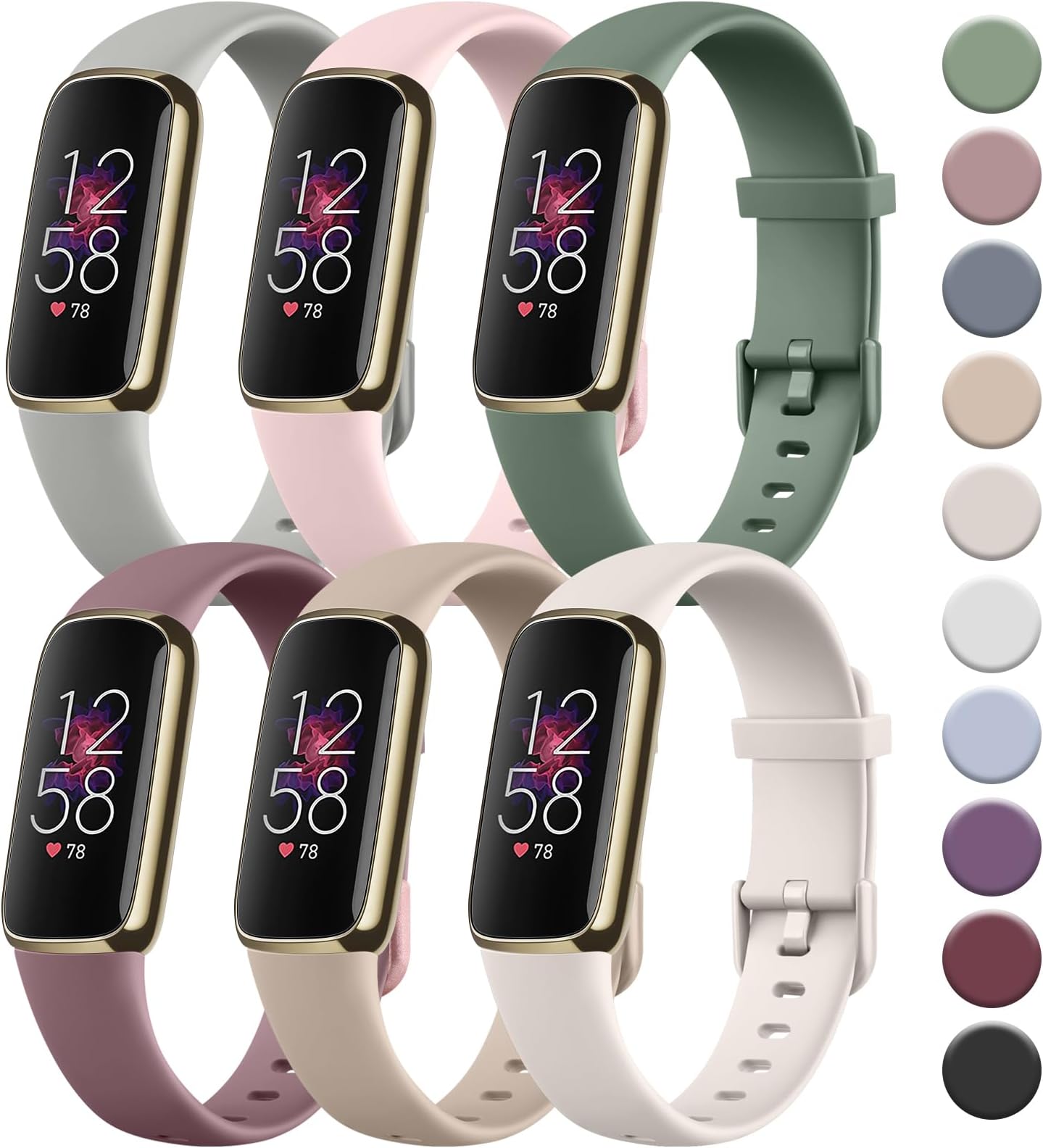 Tobfit 6 PACK Sport Bands Compatible with Fitbit Luxe Bands for Women Men, Soft Silicone Waterproof Straps Replacement Wristbands Compatible for Fitbit Luxe Watch Band(6 Pack)