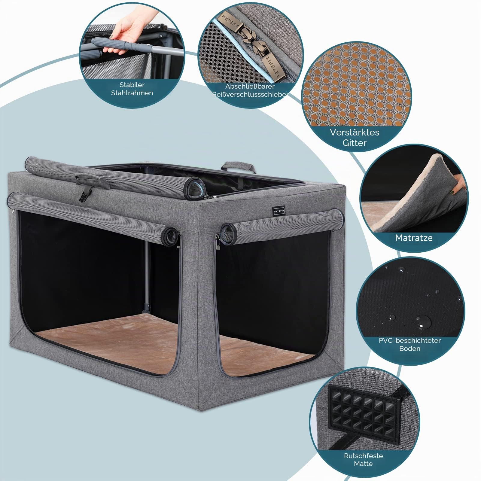 Petsfit Hundebox für Zuhause, Hundebox faltbar für mittlere kleine Hunde, Hundetransportbox Auto Verstellbares Design Hundeschlafbox, Zimmerkennel Hund mit Reißfeste Netzfenster & plüsche Betteinlage