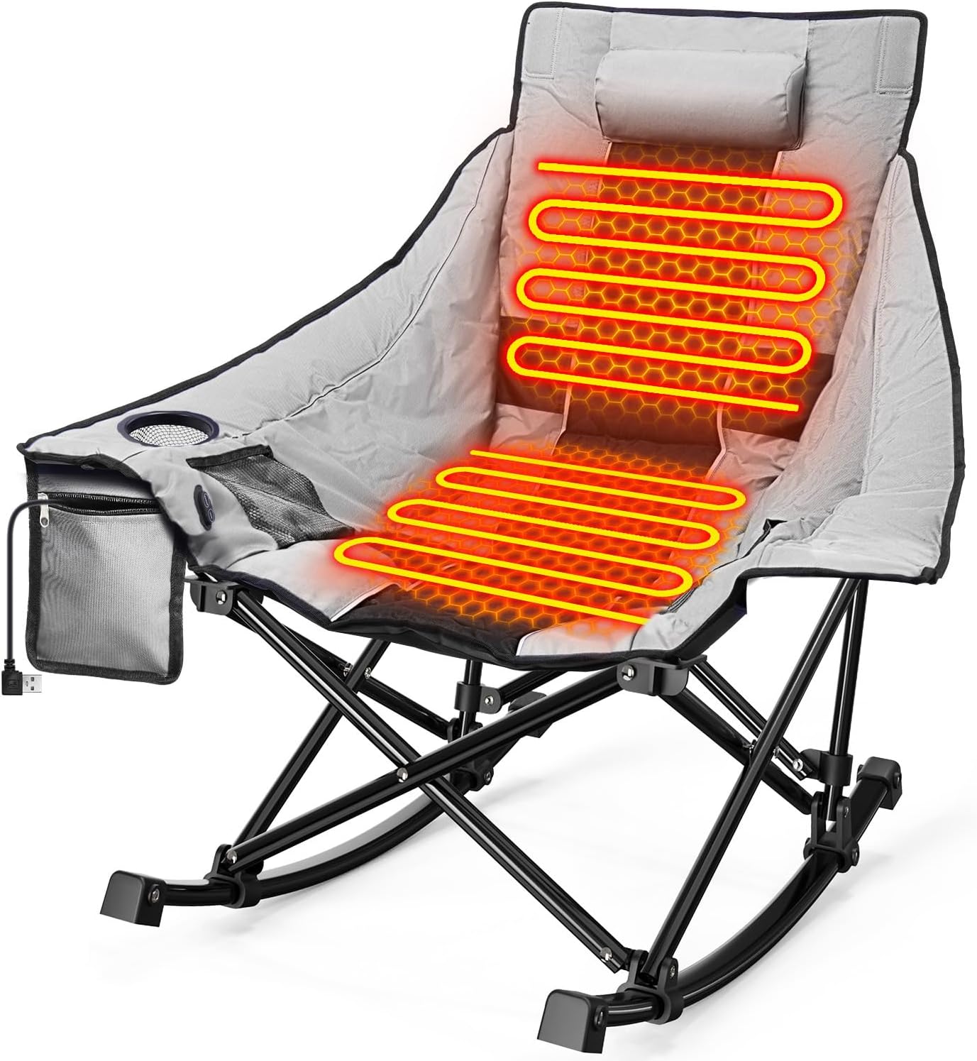 Slendor Oversized Heated Camping Chair, Folding Heated Rocking Chair with Padded Pillow, 3 Adjustable Heat Settings Portable Camp Chair for Outdoor & Indoor Use, NO Power Bank, Blue