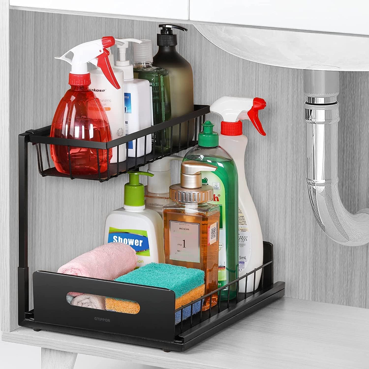 Under Sink Organizer, 2 Tier Pull Out Cabinet Organizer Shelf And Storage Double Shelf Drawer for Bathroom Kitchen, Multi-Purpose Sliding Drawers Baskets
