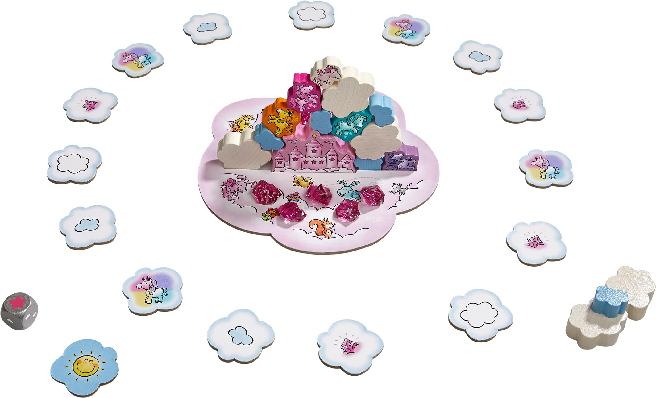 HABA 2012232005 - Unicornio Destello – Torre de Nubes, Juego Infantil de Mesa cooperativo de Habilidad. Más 4 años