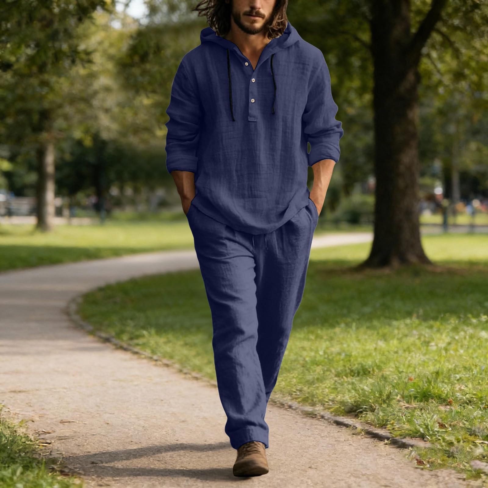 Ensemble Lin Homme 2 Pièces Été,T-Shirt À Capuche Et Pantalon Tenues D'Été Manches Longues Ensemble Jogging Homme Chemise Boutonnée Survêtement Ensembles Streetwear Loisirs Confortable