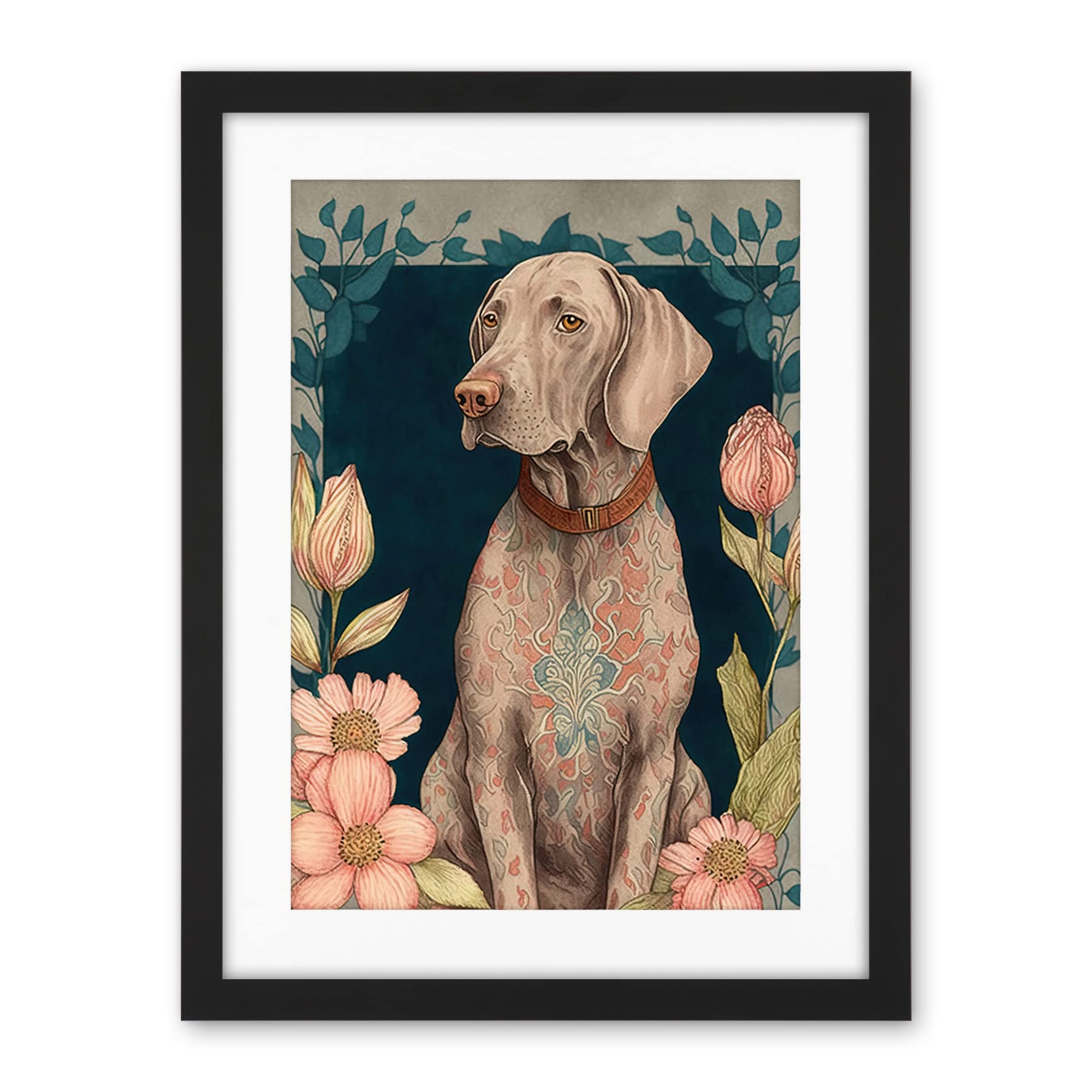 Artery8 Grey Weimaraner Dog with Ornate Pattern Fur Coat and Flowers Modern Art Nouveau Illustration Artwork Framed Wall Art Print 18X24 Inch