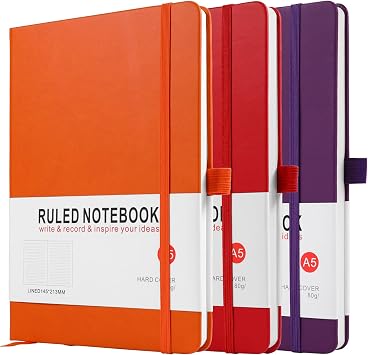 Notebook A5, 3 Pack Journal A5 Notebook 200 Pages 80 GSM Journal Notebook Hardback Notepad with Lined Pages, Pen Loop and Expandable Paper Pocket, Journal Notepad Note Book Red, Purple, Orange