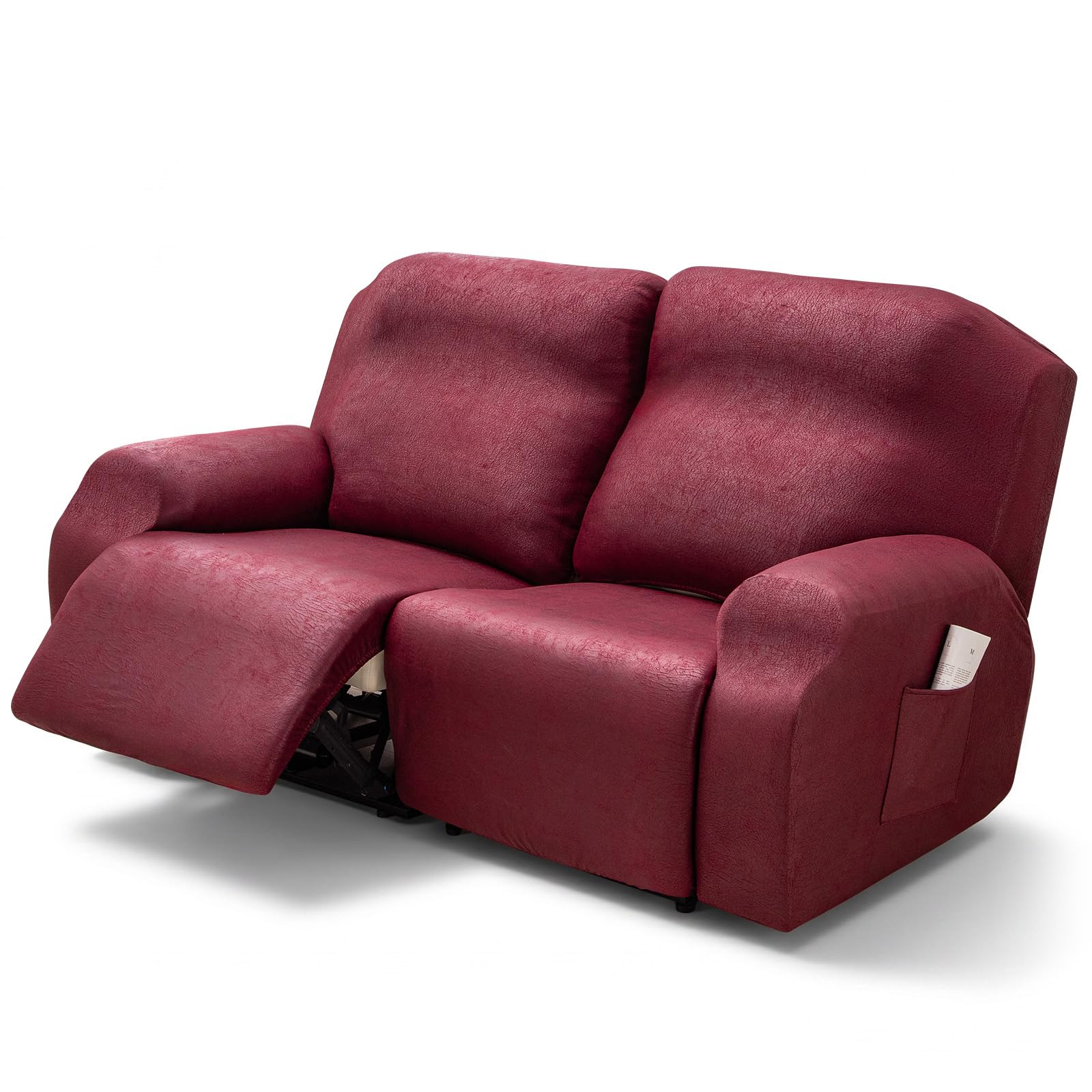 OKUYUK Recliner Chair Cover,6-Pieces Stretch Faux Leather Grain Recliner Covers for Reclining Chair, Soft Slipcover Furniture Protector for Dogs Cats (Wine Red Faux Leather, 2 Seater) — image 1