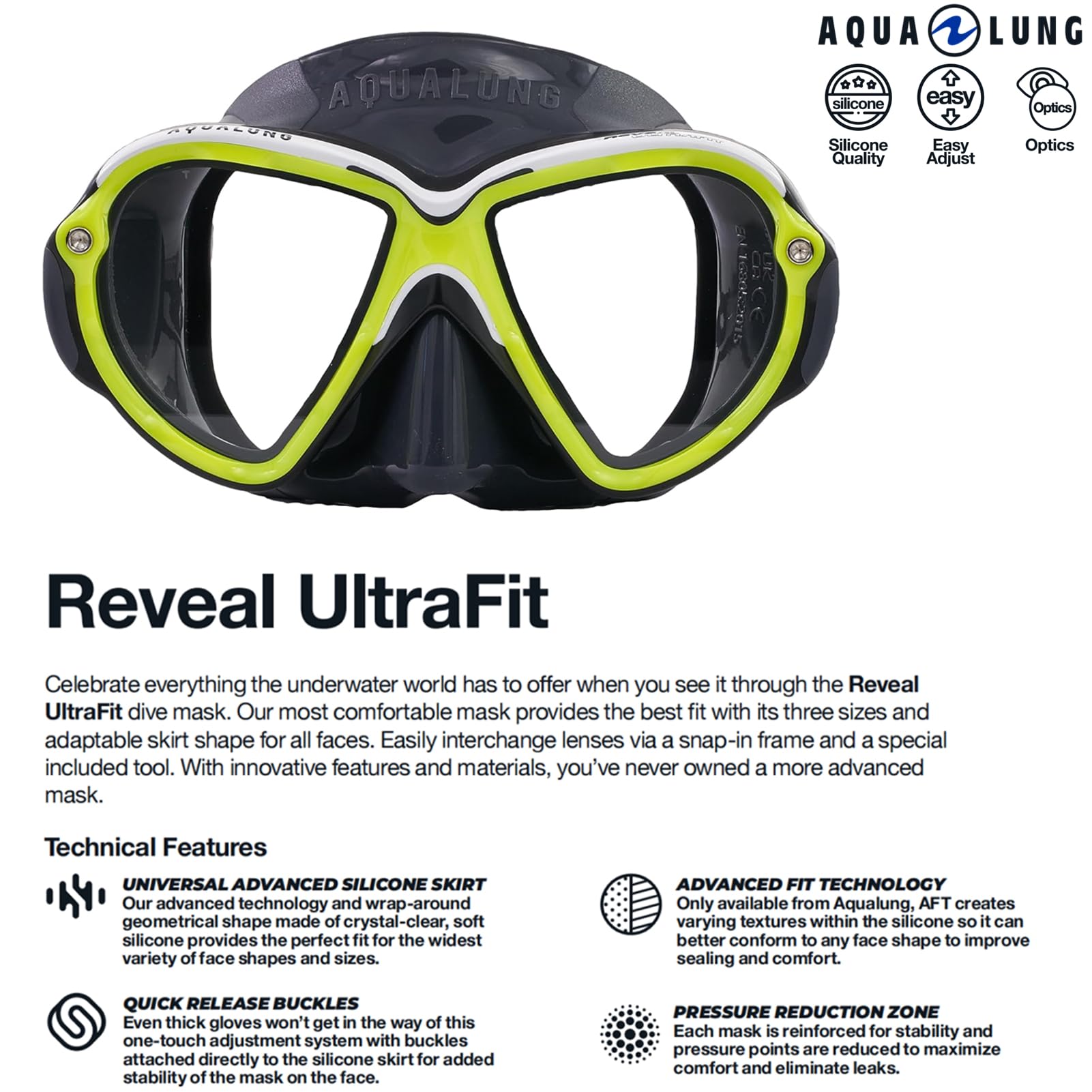 AQUALUNG REVEAL ULTRAFIT - Máscara buceo adultos, visión panorámica de 180°, ajuste facial personalizado, lentes intercambiables, resistente al agua, faldón de silicona, óptima para el submarinismo