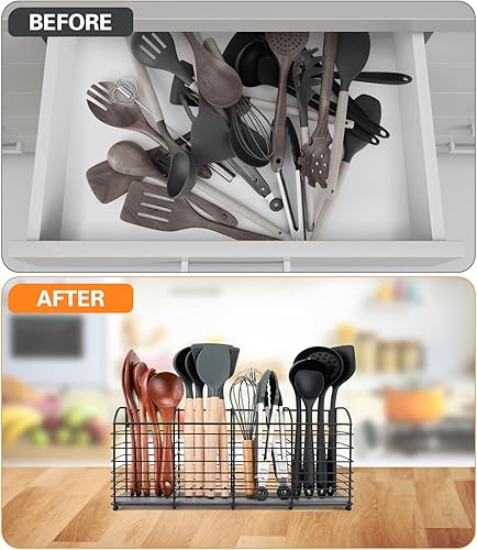 Miniatura 10 de Soporte grande para utensilios para encimera de cocina, diseño estético de 11.8 x 6.7 x 4.7 pulgadas, 3 compartimentos, organizador de utensilios de