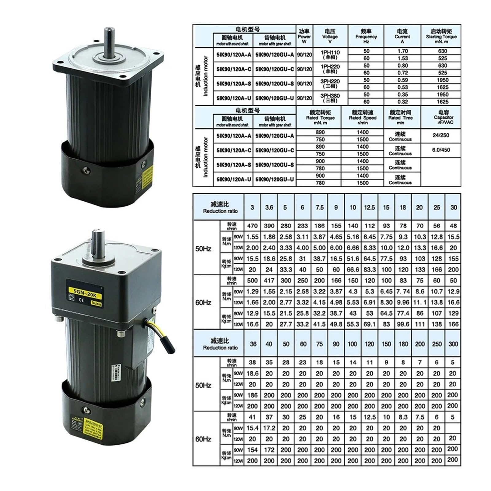 1 moteur asynchrone monophasé 120 W, 110 V/220 V, engrenage, arbre de 15 mm, 5 à 1400 tr/min, 50/60 Hz(110v,186 RPM)