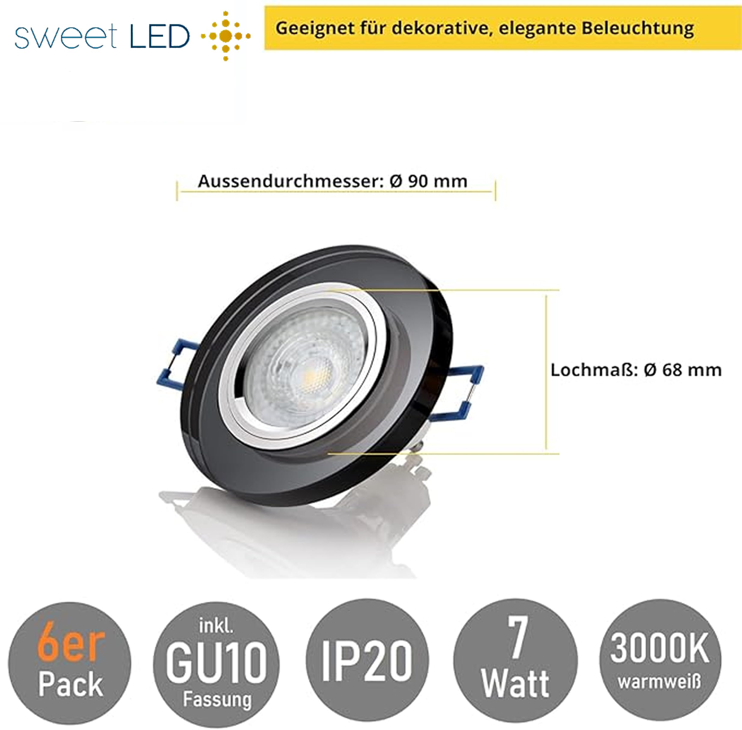 Sweet Led Einbaustrahler Glas 230V – 7W LED Spots, 530 Lm Warmweiß – GU10 Deckenspots, runde Einbauspots 68 mm, Schwarz – 3000K Deckenstrahler 6er Set