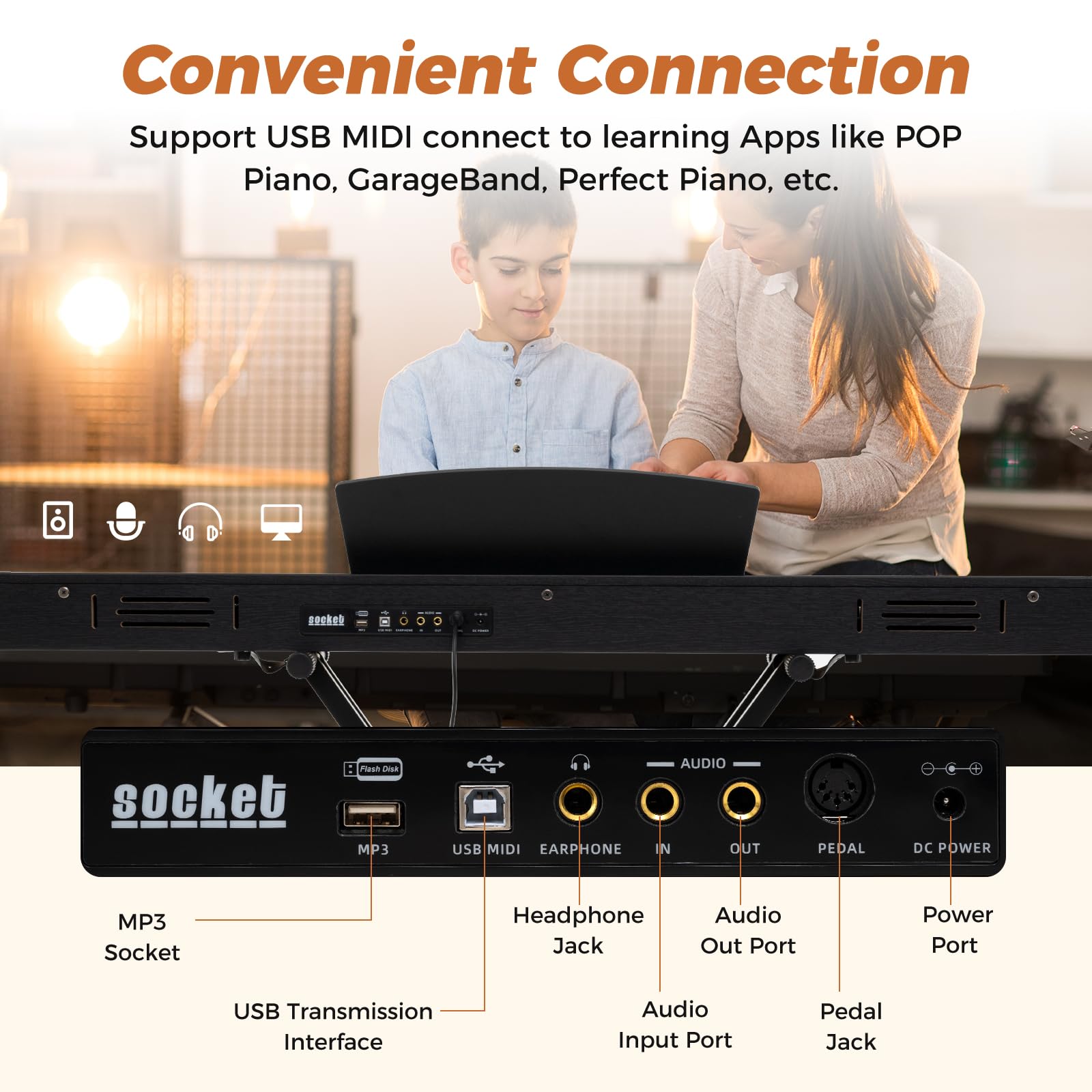 Piano Digitale a 88 Tasti, Tastiera Elettrica Semipesata di Misura Completa con Supporto Regolabile, Tre Pedali, Doppie Casse (Black)