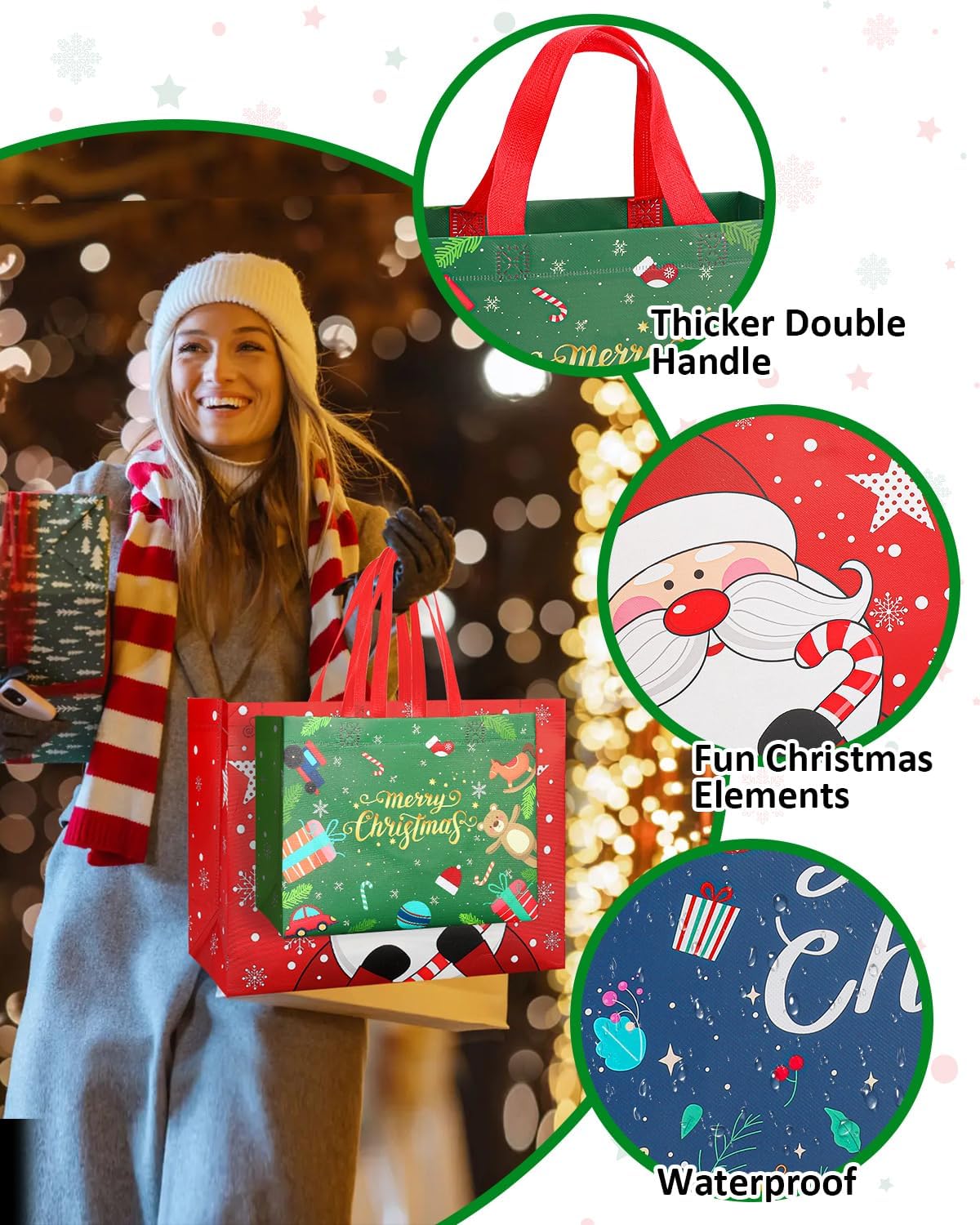Christmas Gift Bags Assorted Sizes, Extra Large/Medium/Small 12PC Christmas Tote Bags with Handles, Heavy Duty Non-Woven Christmas Shopping Bags, Party Favor Bags, Large Holiday Bags for Presents Bulk