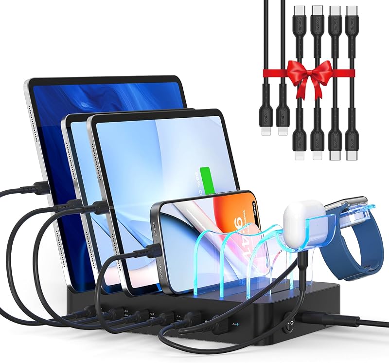 90W 6 Port USB C Charging Station for Multiple Devices, Black | Multi Charger Station with 6 Mixed Short Cables,PD 20W Charging Dock for lPhone,iPad,Tablet and More Electronic Devices
