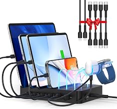 90W 6 Port USB C Charging Station for Multiple Devices, Black | Multi Charger Station with 6 Mixed Short Cables,PD 20W Charging Dock for lPhone,iPad,Tablet and More Electronic Devices