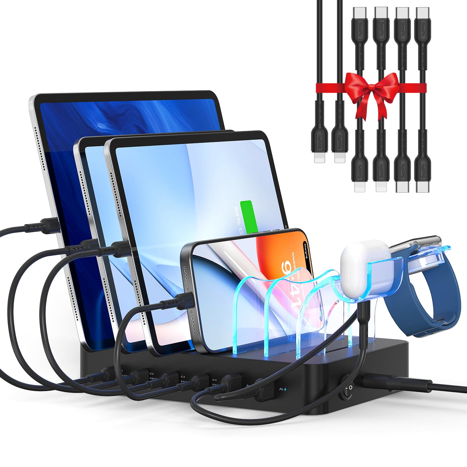 SooPii 90W Stazione di Ricarica a 6 porte Caricatore USB con ricarica rapida USB C PD da 20W, supporto 2 in 1, 6 cavi corti inclusi per lPhone, lPad, tablet e altri dispositivi elettronici, nero