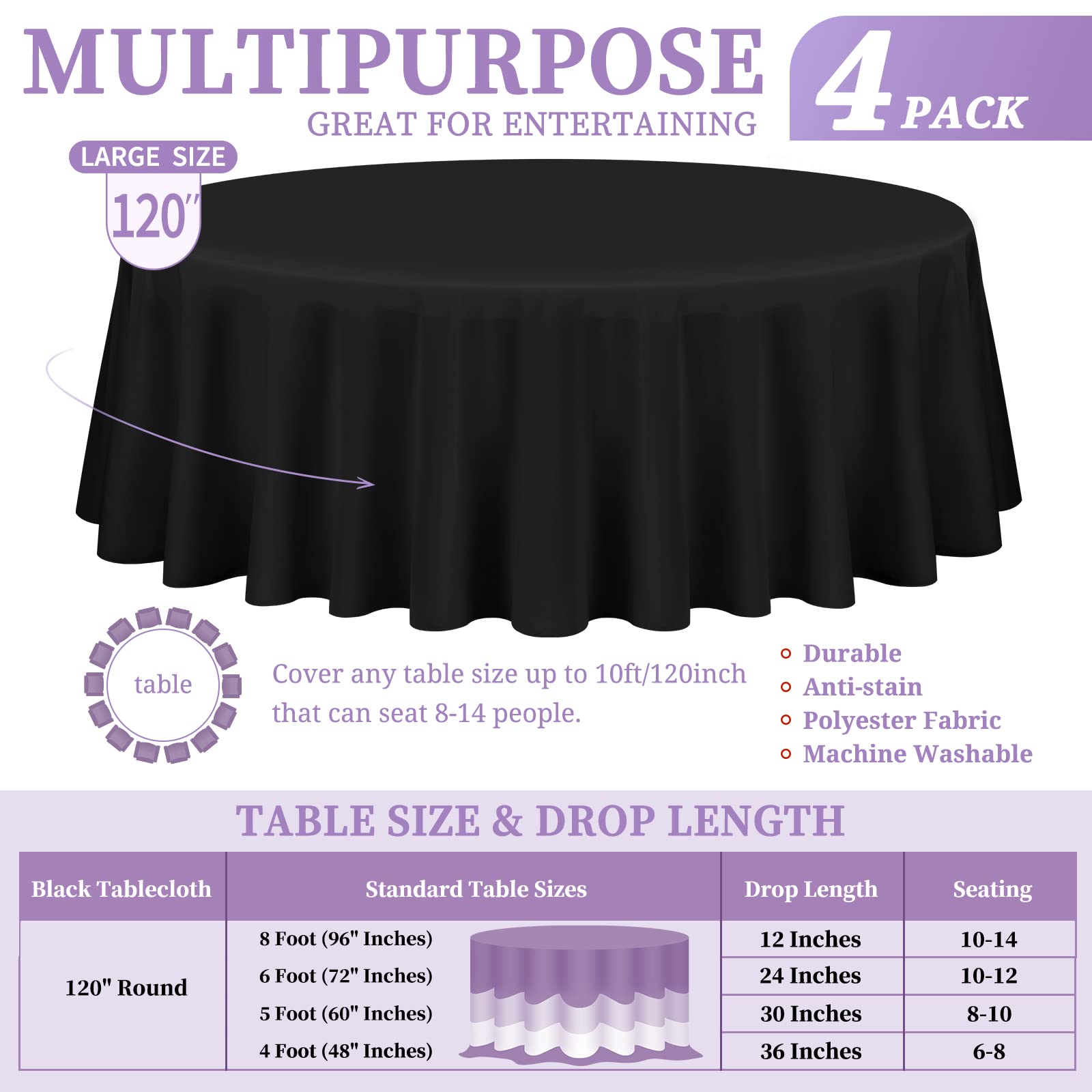 Showgeous Lot de 4 Nappes Rondes Noires 305cm en Tissu Polyester Lavable pour Mariage, Banquet, Buffet, Restaurant