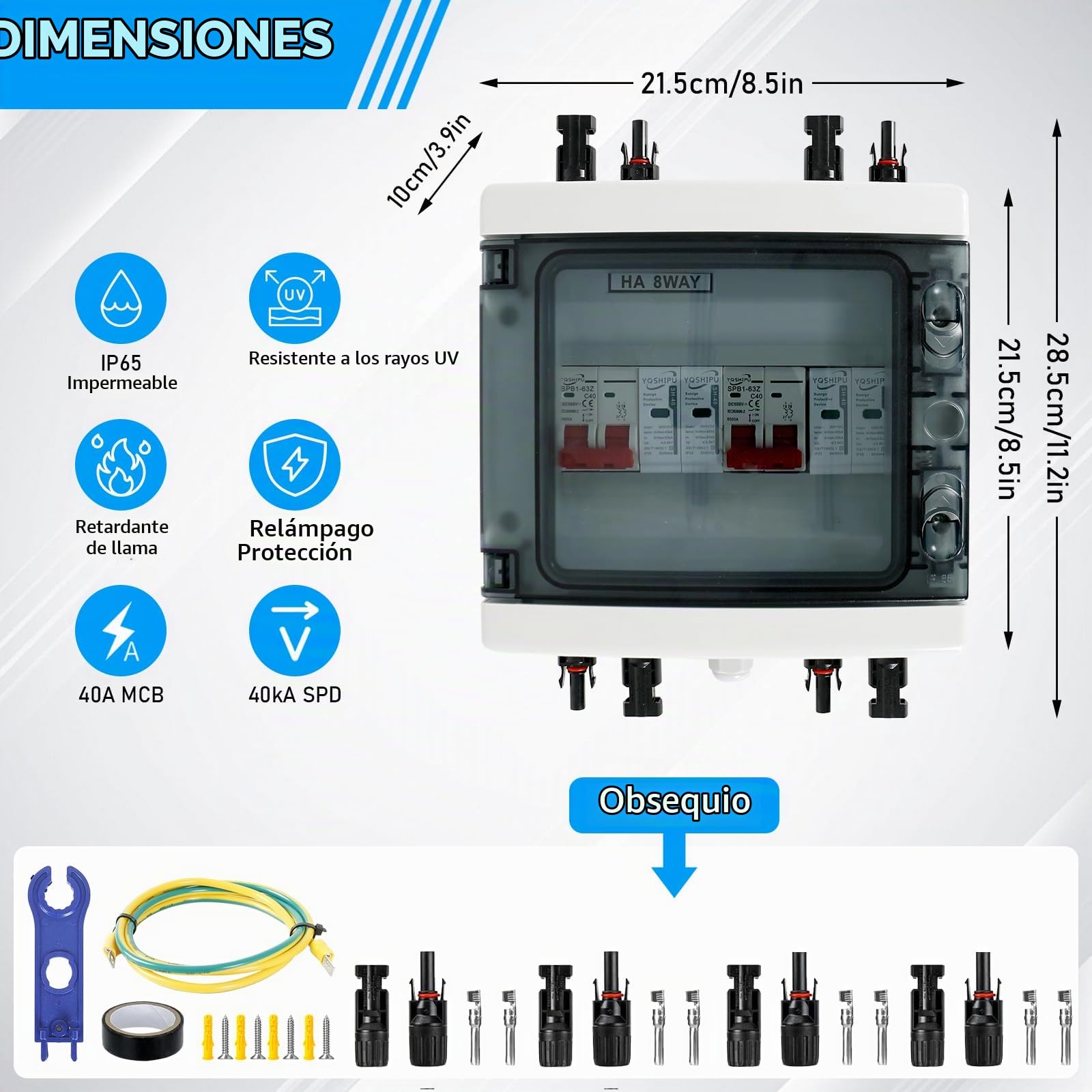 Protección Contra Sobretensiones Fotovoltaica, Disyuntor CC 40 A/500V | Disyuntor de Protección contra Rayos(2 In 2 Out), Caja de Conexión Solar Fotovoltaica IP65 a Prueba de Agua