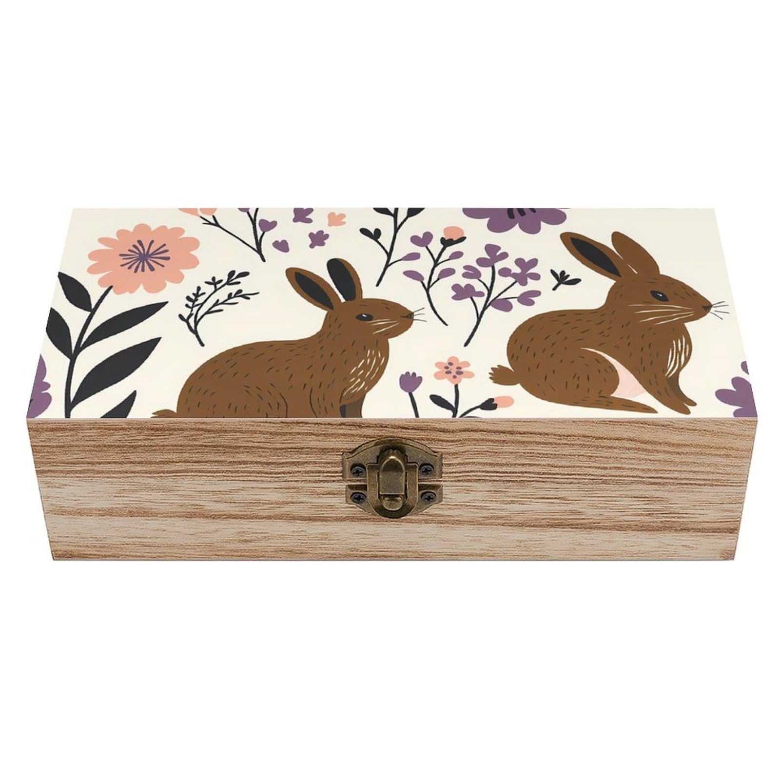 HLBSDM Brown Bunny & Pink Purple Flowers Retro Wooden Storage Box Jewelry Art Gift Boxs Decorative Keepsake Boxes