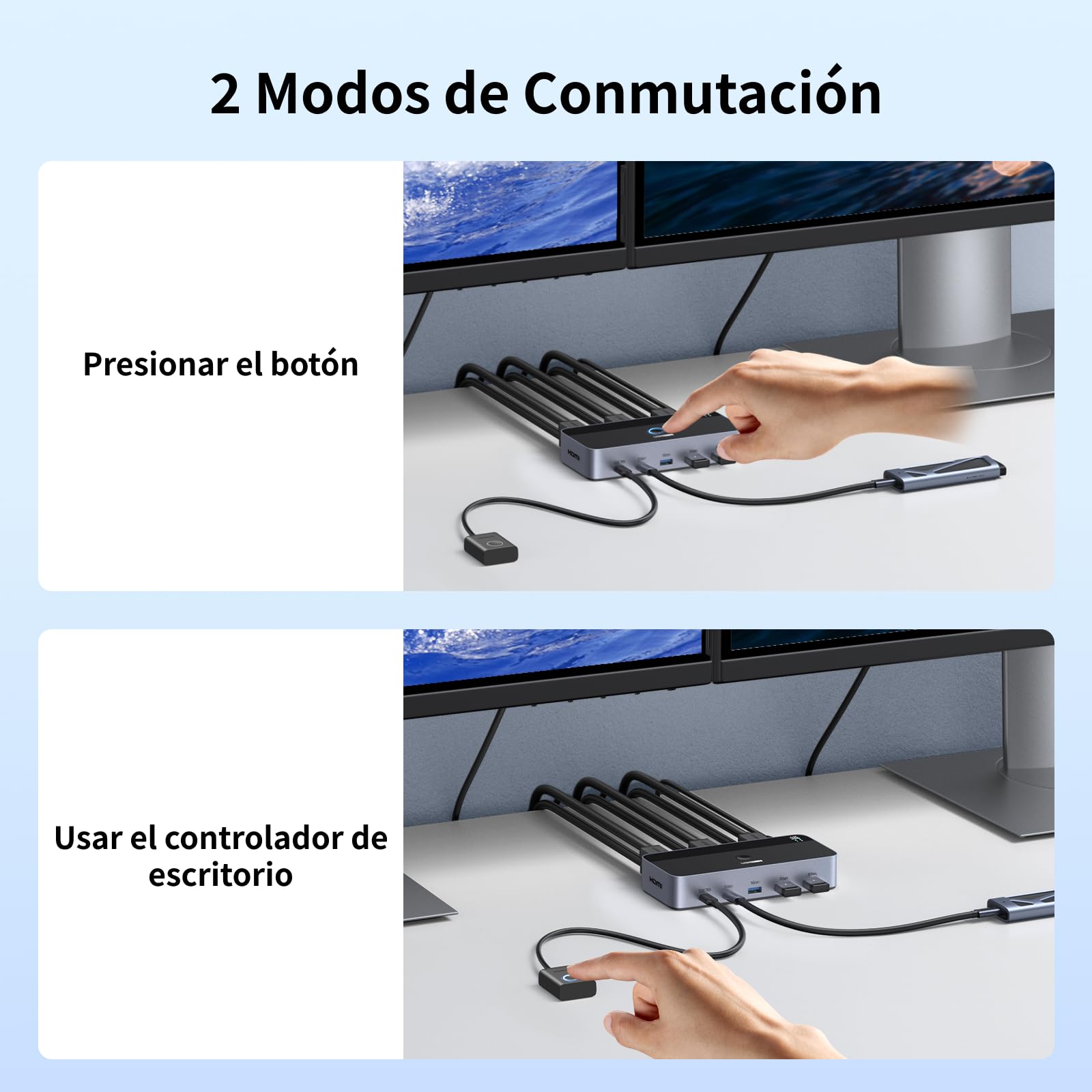 UGREEN Switch KVM HDMI 2.0 2 Entradas 2 Salidas 4K 60 Hz Conmutador KVM para 2 pc con 4 Puertos USB 5 Gbps para Teclado Ratón Disco Duro Controlador de Escritorio Compatible con Windows Linux macOS