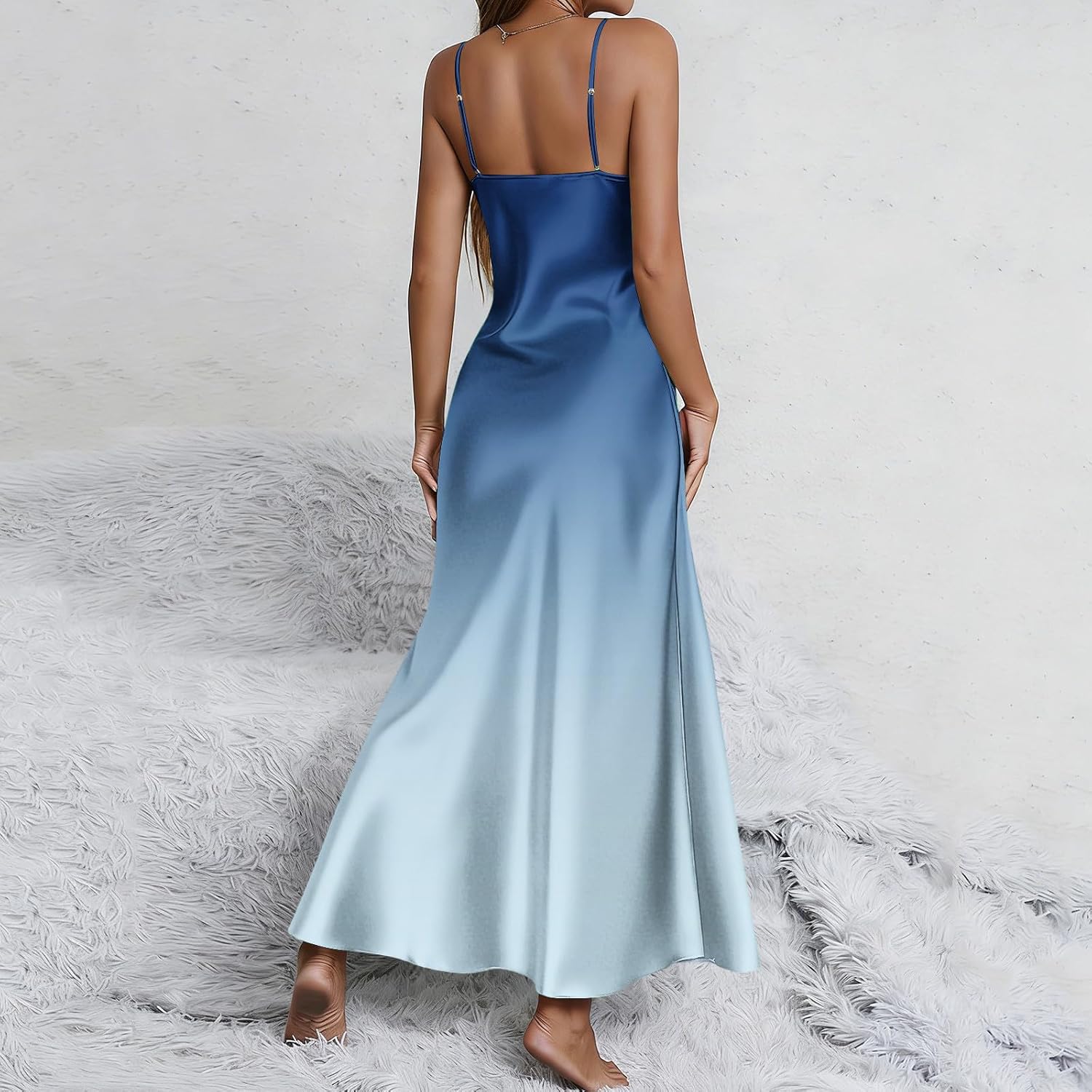 Women's Silk Satin Gradient Camisole Nightgown Spaghetti Strap Side Slit Maxi Dress Sleepwear Sexy V Neck Nightwear