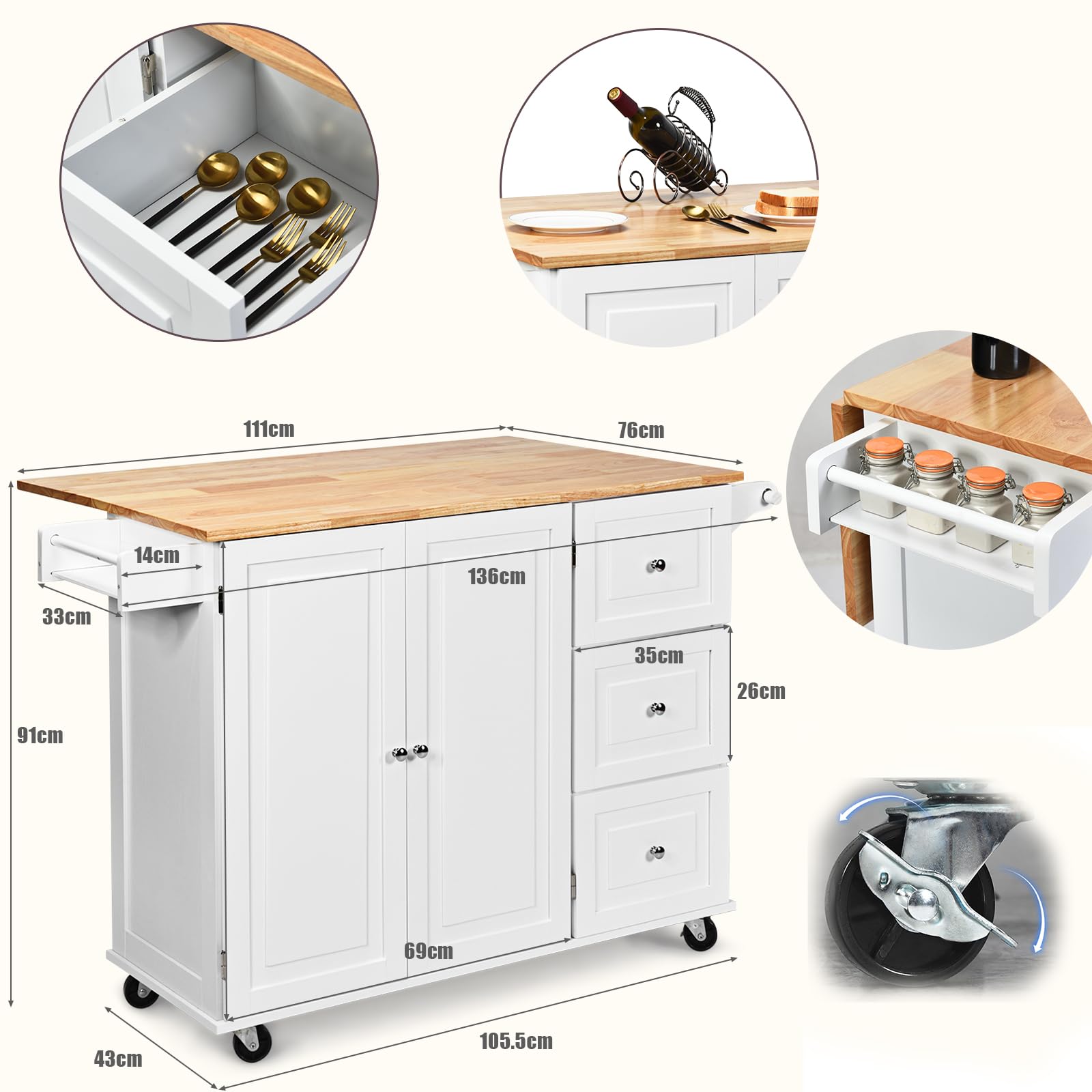 KOMFOTTEU Carrello da Cucina con Pannello Pieghevole Portato fino a 50 kg, Isola da Cucina 43x136x91cm, Carrello Portaoggetti in Legno con Ruote, Multifunzione e Grande, Nero (Bianco)