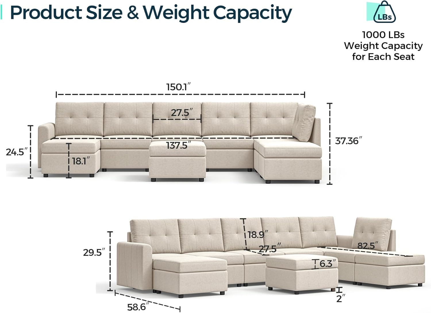 Detailed dimensions of the LINSY HOME Rubik III Modular Sectional Sofa