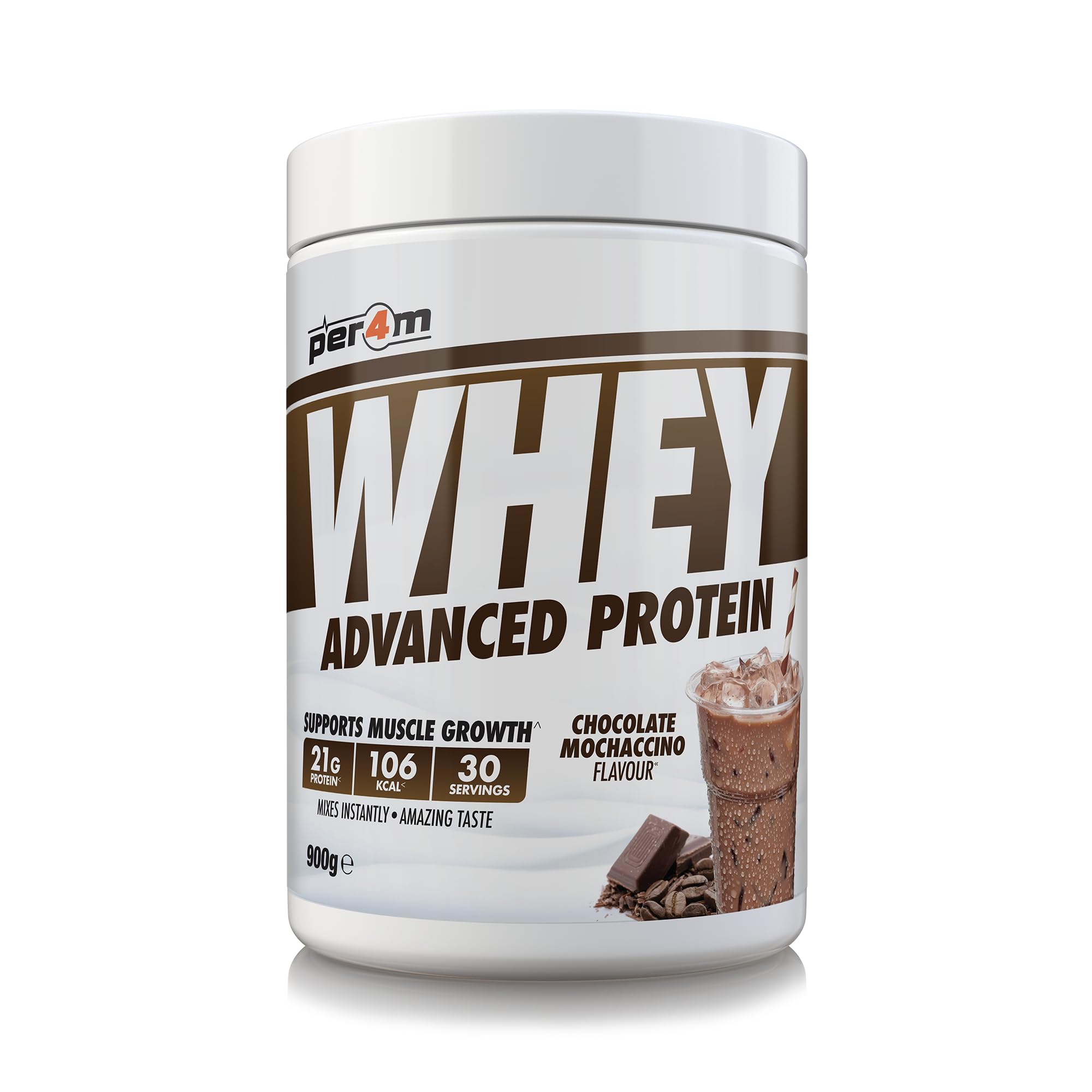 Per4m Whey Protein Powder | High Protein Shake for Muscle Growth & Recovery | Low Sugar Gym Supplement | Sports Nutrition Drink + Amino Acids (900g, Chocolate Mochaccino)