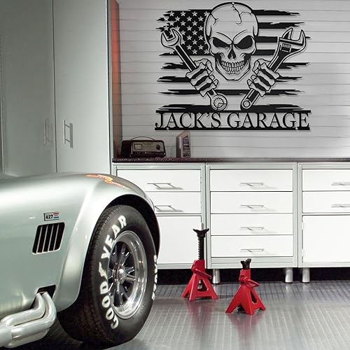 Miniatura 3 de Letreros de metal personalizados de garaje para taller, arte de pared de metal, letrero con nombre personalizado, calavera de EE. UU., decoración de
