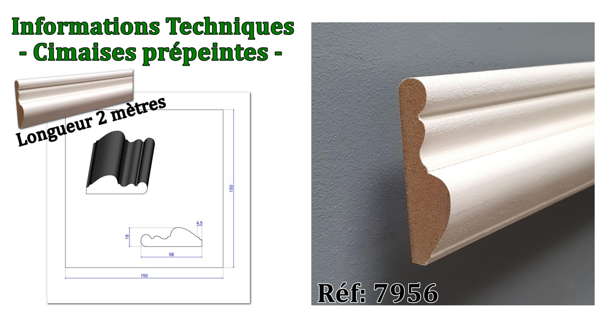 MadeInNature Moulure Murale, Cimaise en bois médium blanche, longueur 2 mètres, corniche bois prépeinte robuste et facile à poser, Modèles et Tailles au choix (7956, Lot 14 mètres)