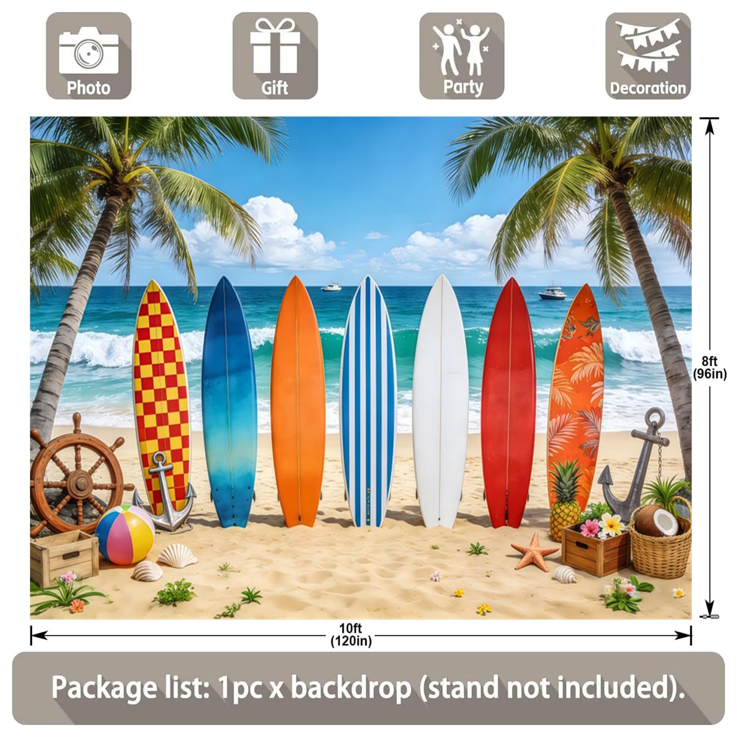 Tavola da surf tropicale spiaggia sfondo fotografico 3 x 2,4 m, sfondo estivo colorato tavola da surf palma, hawaiano Aloha vacanze decorazioni per feste di compleanno banner foto puntelli