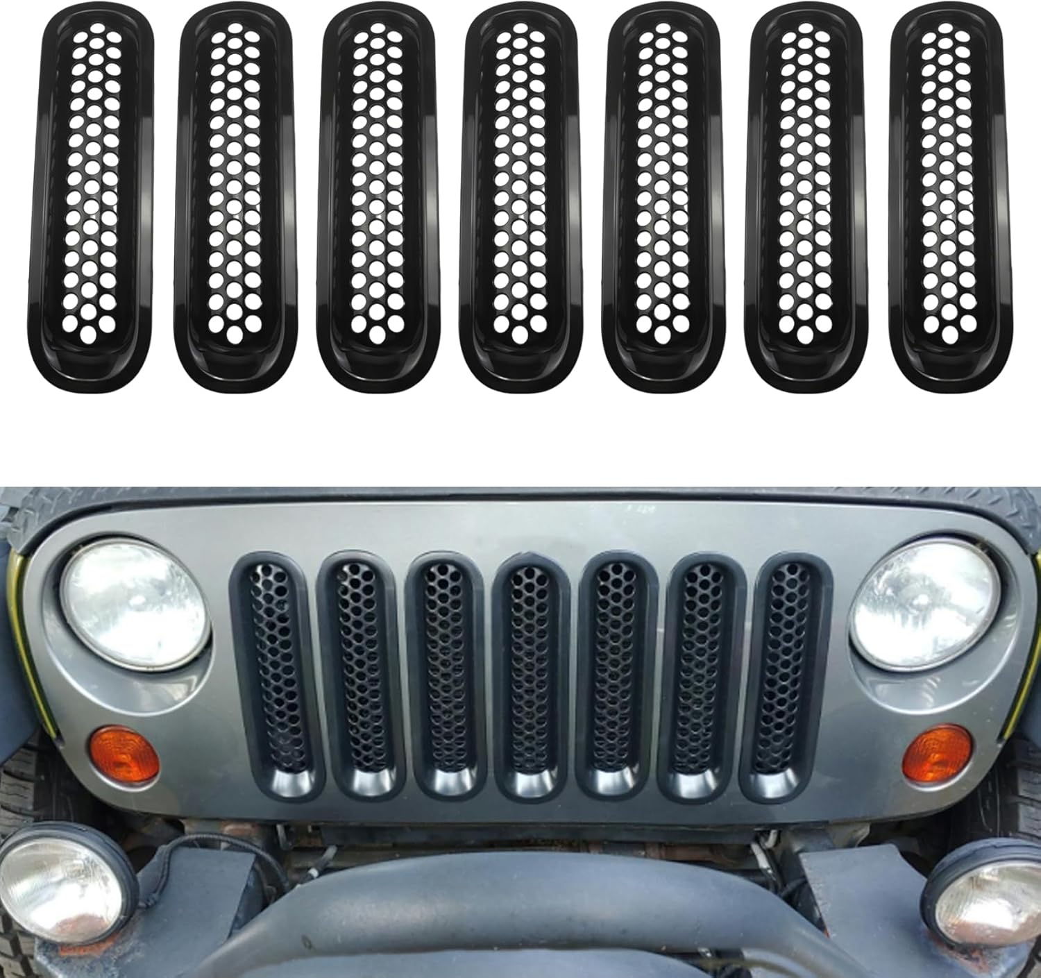 Front Grill Mesh Insert Grille Guard Gloss Black Fits for Jeep Wrangler JK JKU Sport Freedom Unlimited Sahara Rubicon 2007-2017 Front Insert Grille Clip-In