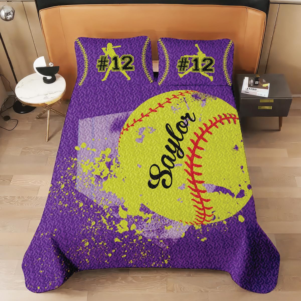 Custom Purple Softball Quilt with Name, Softball Comforter Set for All Season, Queen King Bedding Quilt Sets Birthday to Dad Husband Kids Son Daughter, Softball Fan