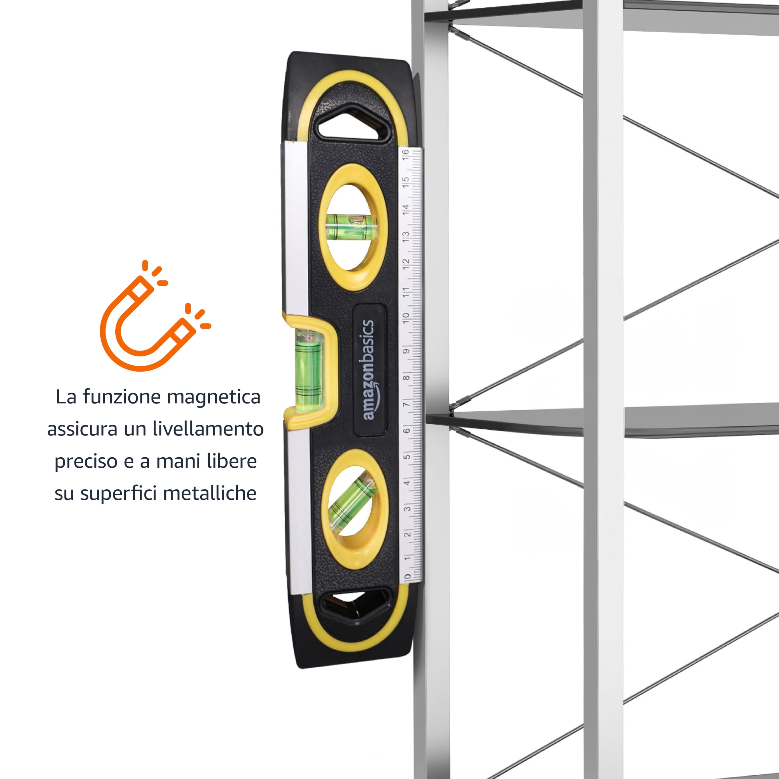 Amazon Basics livella torpedo magnetica e righello da 22.8 cm, a piombo/livella/bolla a 180, 90, 45 gradi, Nero, Giallo