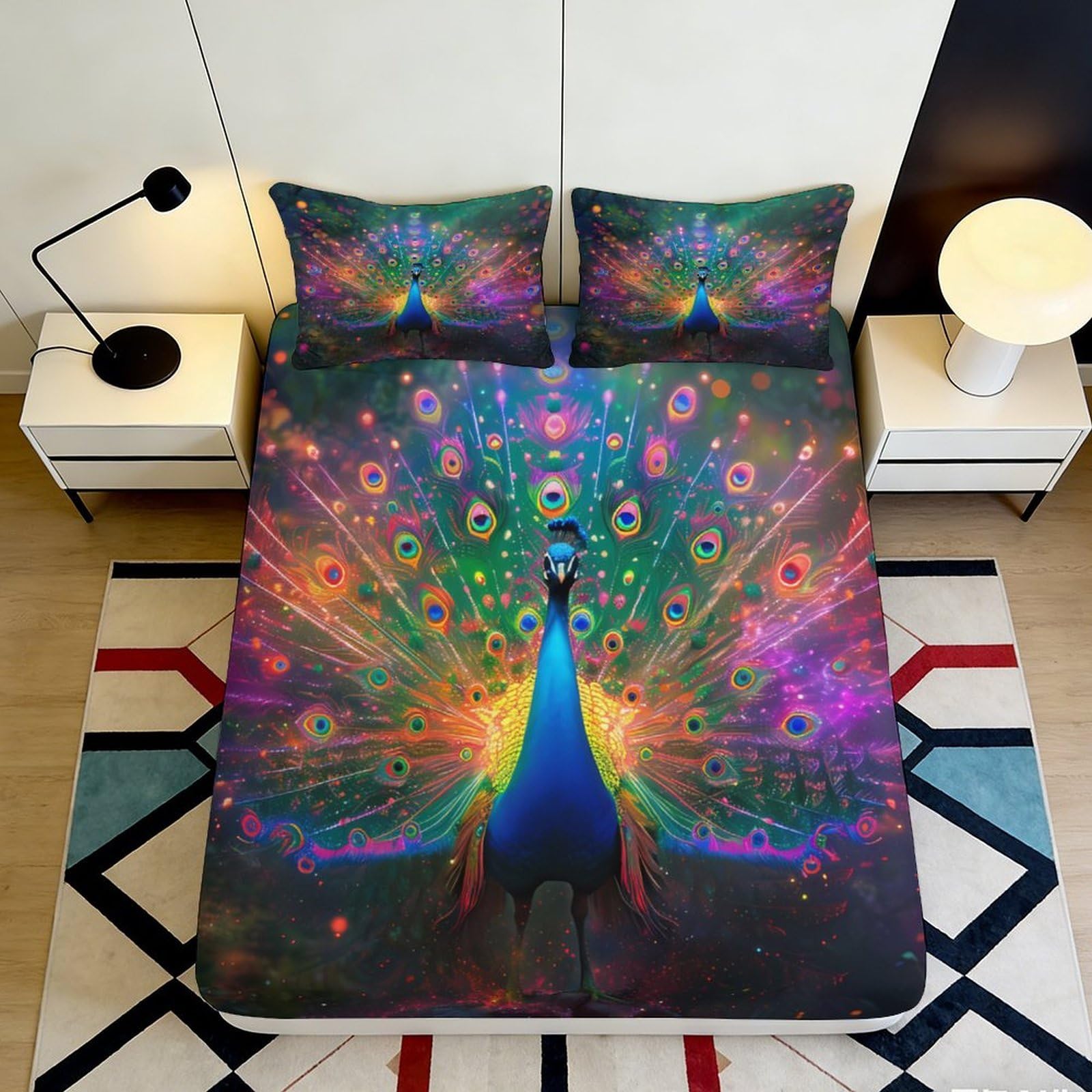 3D Printed Vibrant Peacock Fitted Sheet Microfiber Soft Colorful Plumage Bed Cover Anti-slip Washable for Bedroom 90x200x25cm