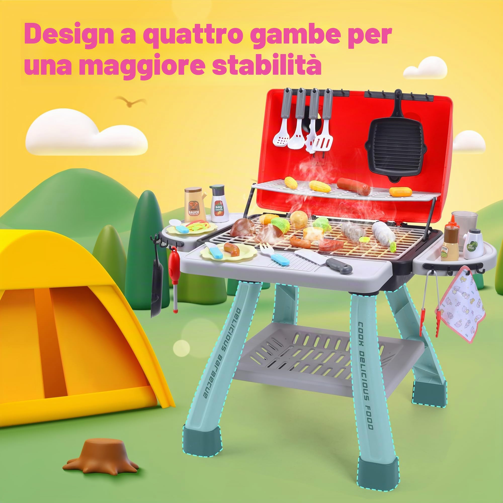 CUTE STONE barbecue giocattolo in pietra per bambini, set da cucina, set da gioco realistico per barbecue con fumo e accessori da cucina