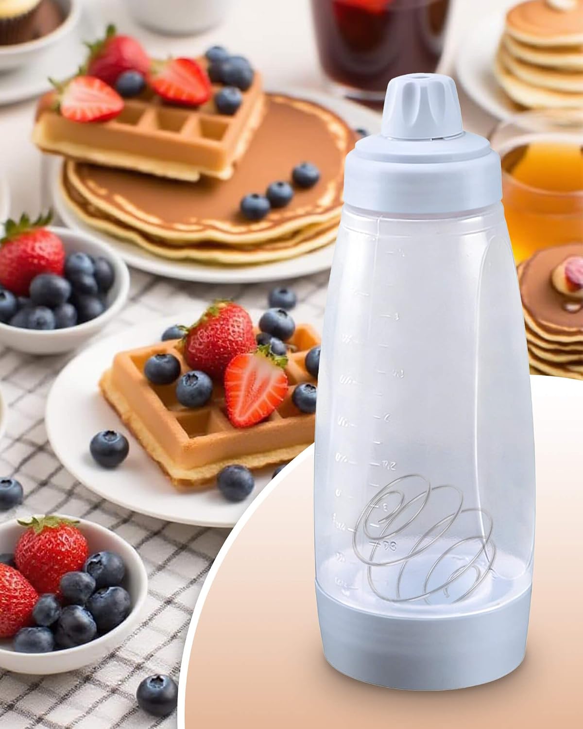 Pancake Batter Dispenser & Mixer with BlenderBall Whisk, 2-Pack 33oz Leak-Proof Squeeze Bottles with Base for Pancakes, Crepes, Waffles, Muffins & Cupcakes