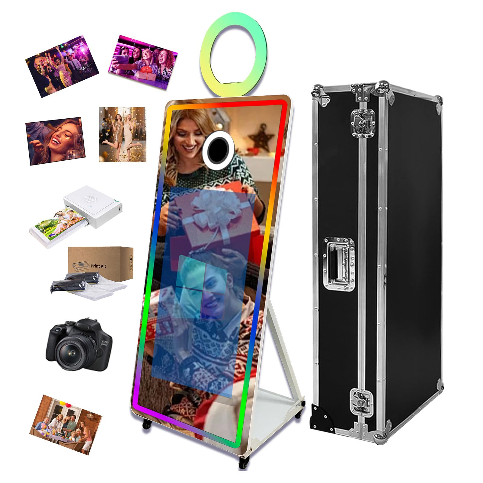 65 Inch Portable Magic Mirror Photo Booth,43 Inch Touch Screen Mirror Photo Booth with RGB Light,Selfie Photo Booth with Flight Case (White, 65 inch(43''Screen)+Camera+Mini Printer)