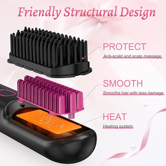 Cordless Hair Straightener Brush - 20 Million Anion Hair Straightener Brush for Women, Portable Straightening Brush for Travel, LCD Display, 2 Hair Clips, Black