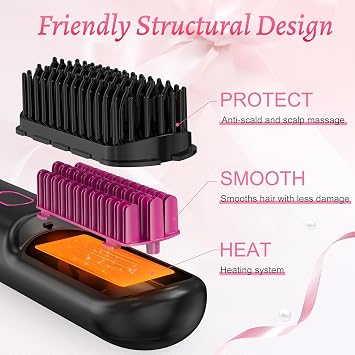 Cordless Hair Straightener Brush - 20 Million Anion Hair Straightener Brush for Women, Portable Straightening Brush for Travel, LCD Display, 2 Hair Clips, Black