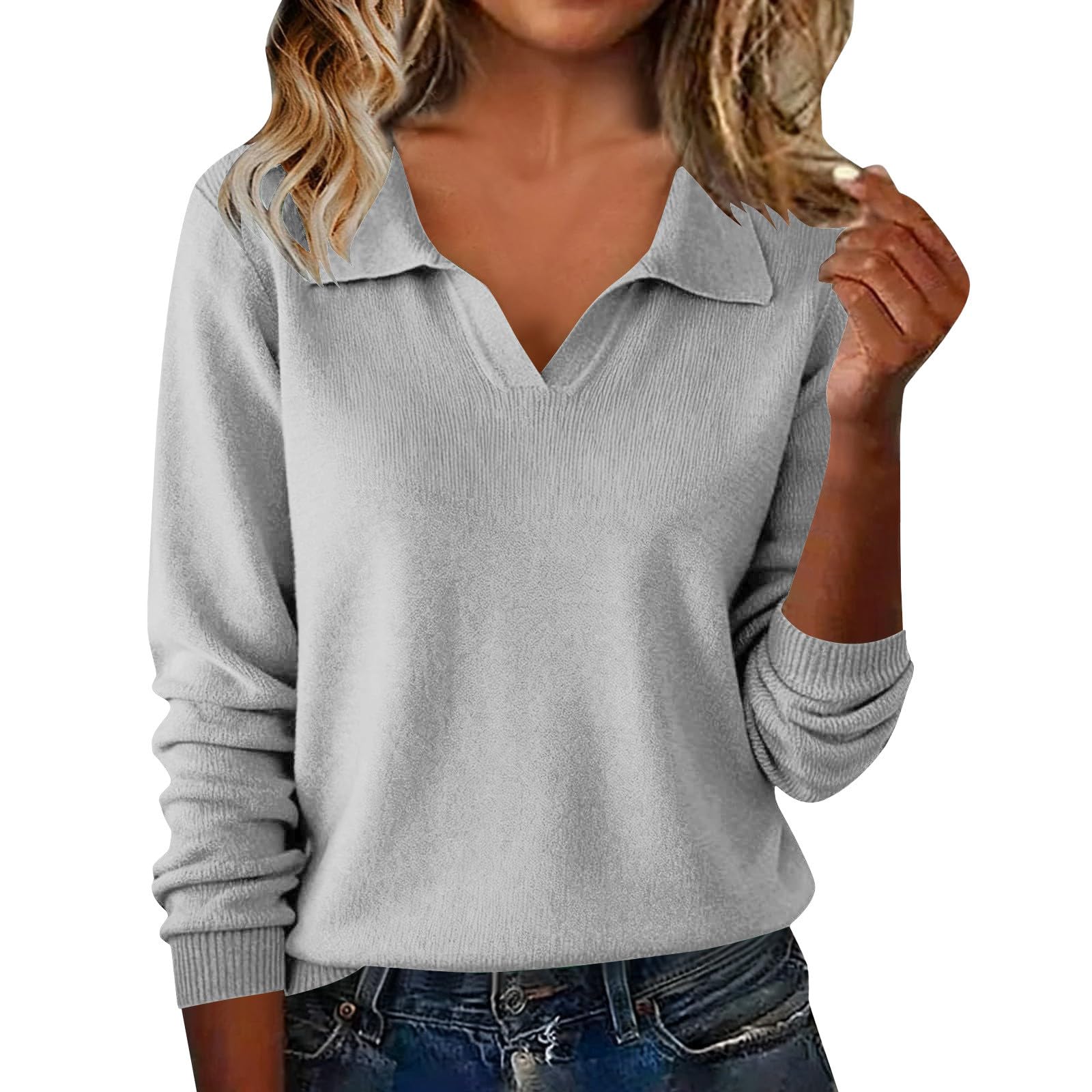 Polo Sweater for Women Soft Knitted Long Sleeve V Neck Casual Pullover Shirt Dressy Loose Solid Color Jumpers