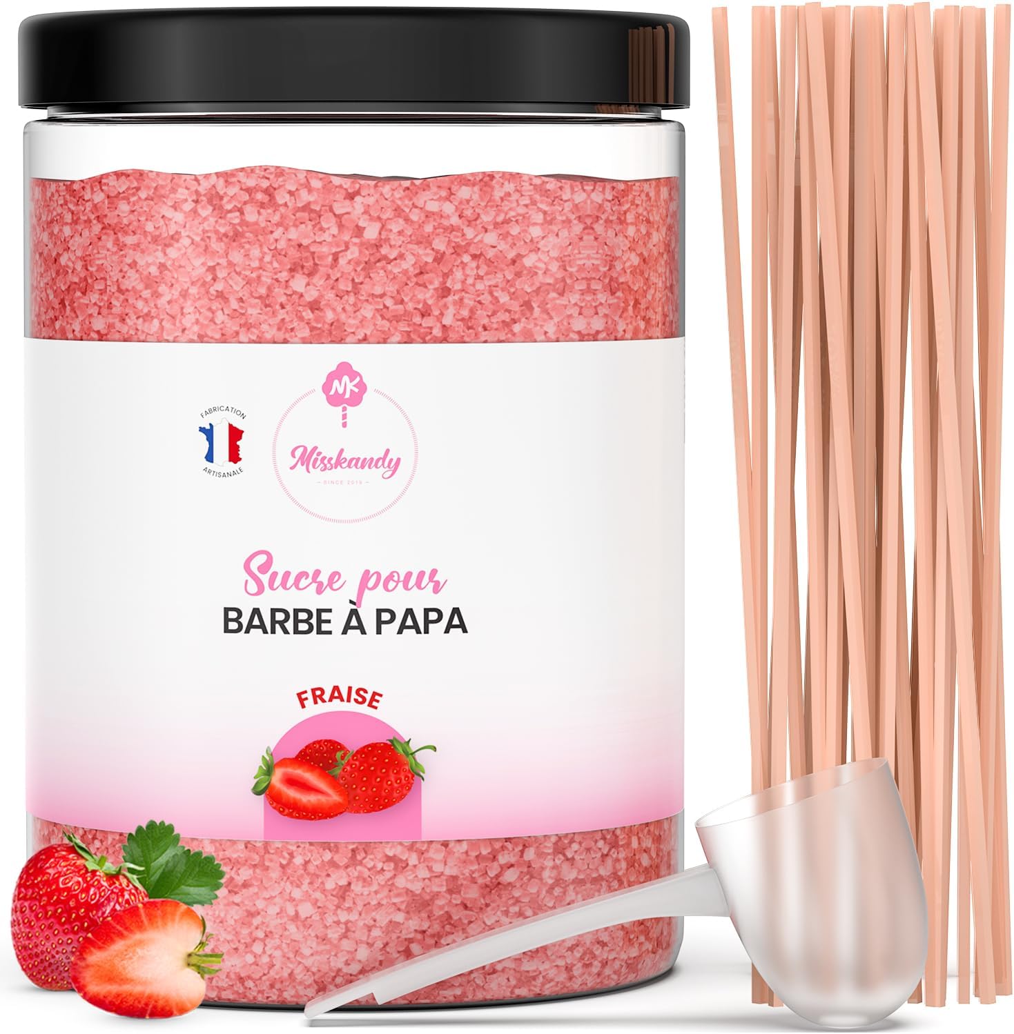 Misskandy®-Candy Floss Sugar 1,4KG /strawberry/(Natural Flavours and Colours) / Professional Flossing Sugar for Cotton Candy Machine strawberry+ 50 sticks