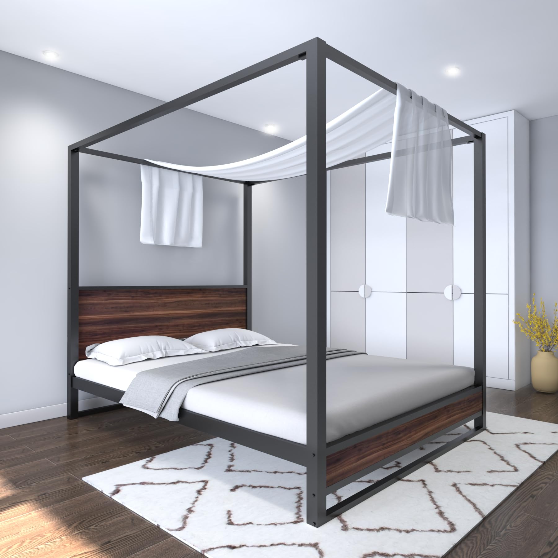 Homdec Gemini Black Hybrid Metal and Wood Canopy Platform Bed, Mattress Foundation with Steel Slat Support, No Box Spring Needed, Easy Assembly (Queen, 60 x 78)