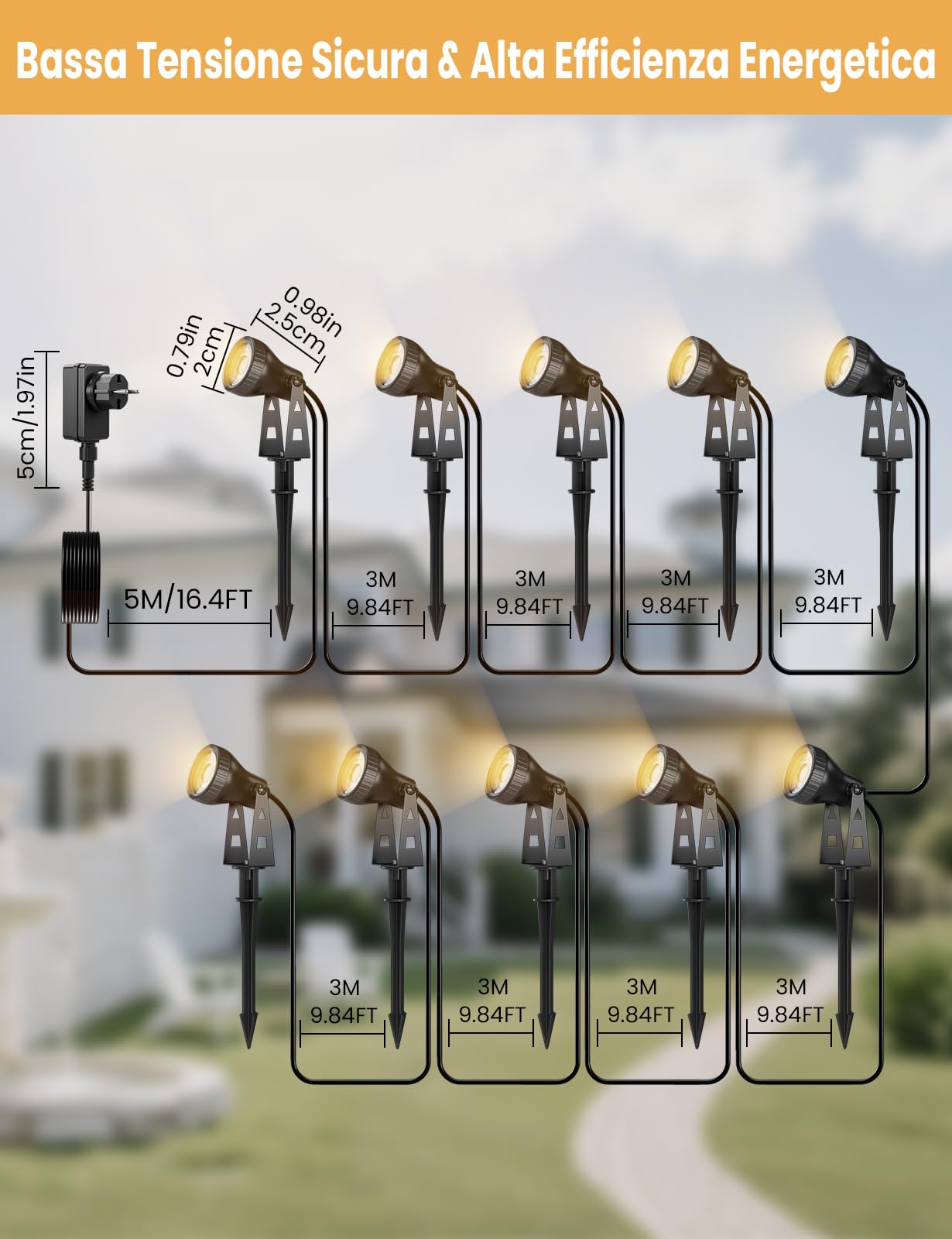 ZOTOYI Impermeabile IP68 Faretti da Giardino Kit Illuminazione Giardino 32M 10-in-1 con Adattatore, 30W LED Luce Calda 3100K per Prati, Viali d'Ingresso, Eventi all'Aperto